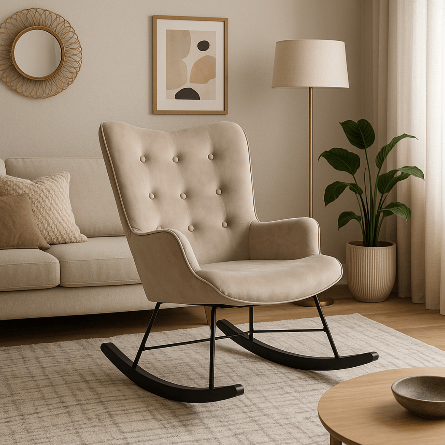 Fotel Bujany na Biegunach Uszak Wypoczynkowy ELIS Beżowy Welurowy Nowoczesny ME.ELIS/BZ/V/FW