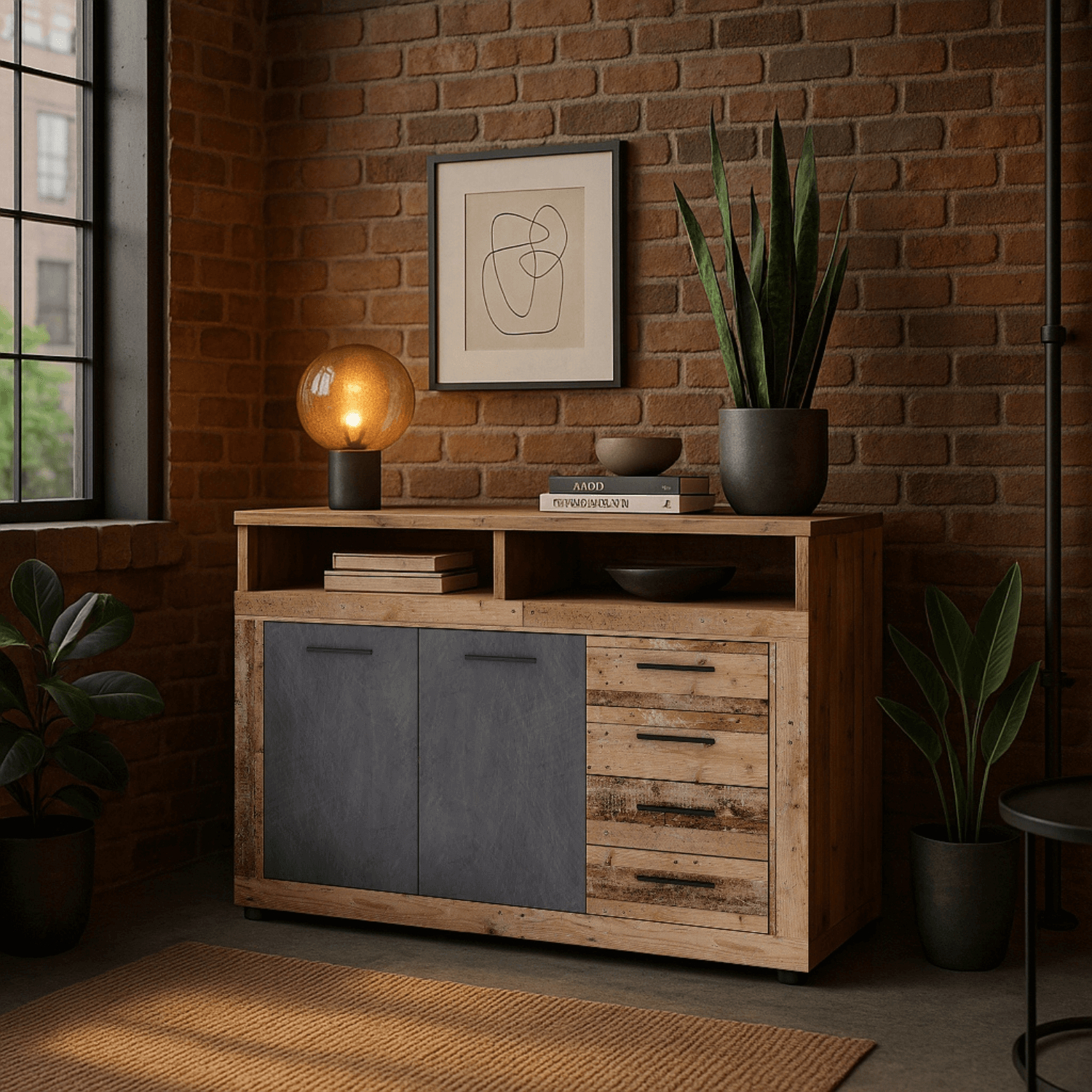 Komoda Dwudrzwiowa z Szufladami BLAGO MIDI A 119,6 cm Surowy Dąb/Czarny Loft W.LUNA/MIDIA/OSL/MA/KOM2D4S