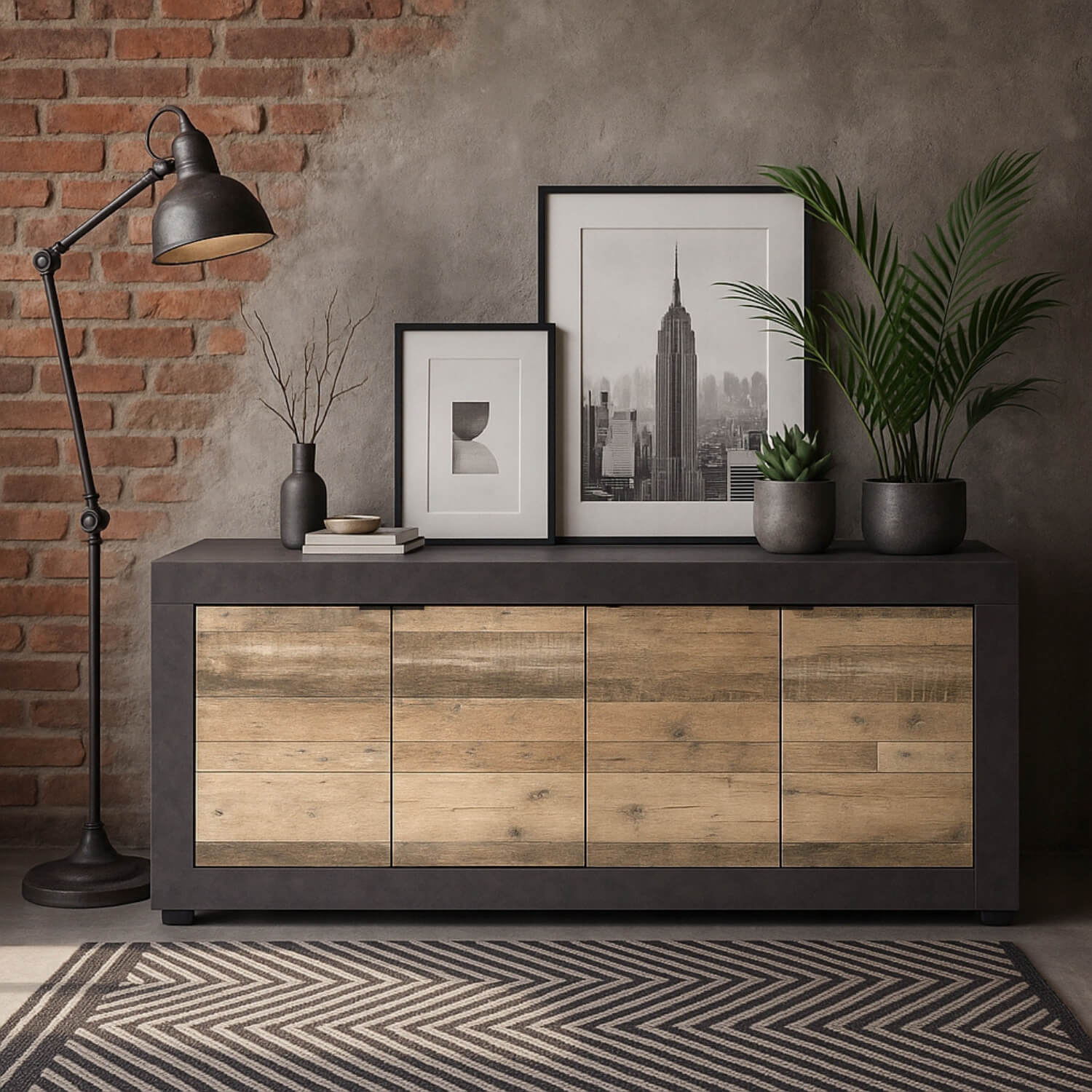 Komoda Czterodrzwiowa BLAGO 180 cm Surowy Dąb/Czarny Loft W.LUNEA/MA/OSL/KOM4D