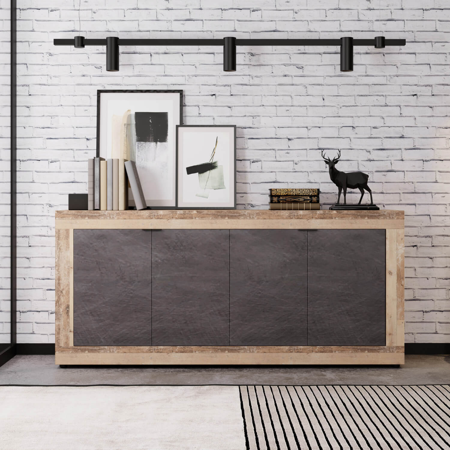 Komoda Czterodrzwiowa BLAGO 180 cm Czarny/Surowy Dąb Loft W.LUNEA/OSL/MA/KOM4D