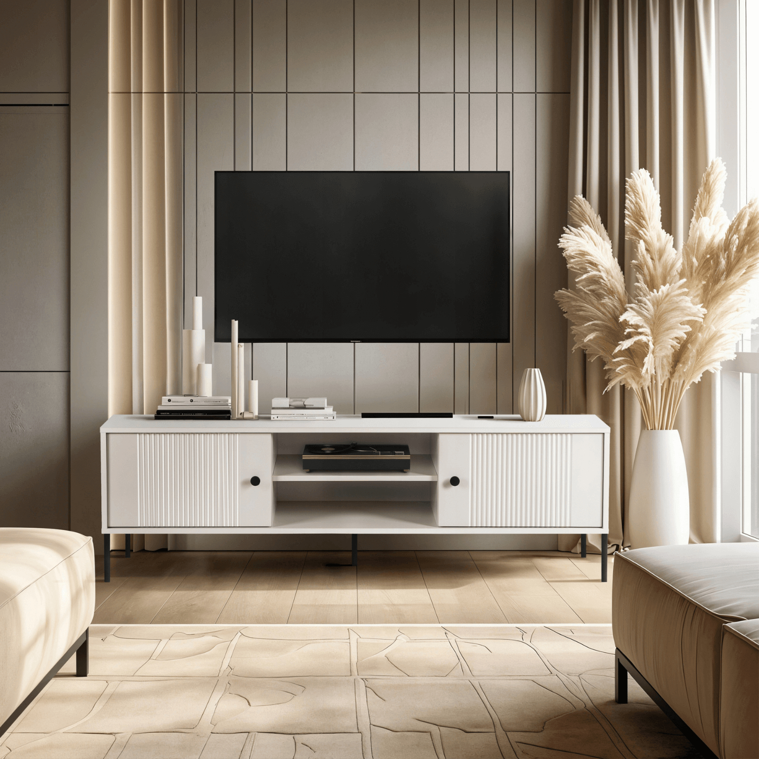 Szafka RTV do Salonu SOFT 154 cm Kaszmir Ryflowana Nowoczesna W.ISEO/IS01/KASZ/N.CZ/U.CZ/RTV