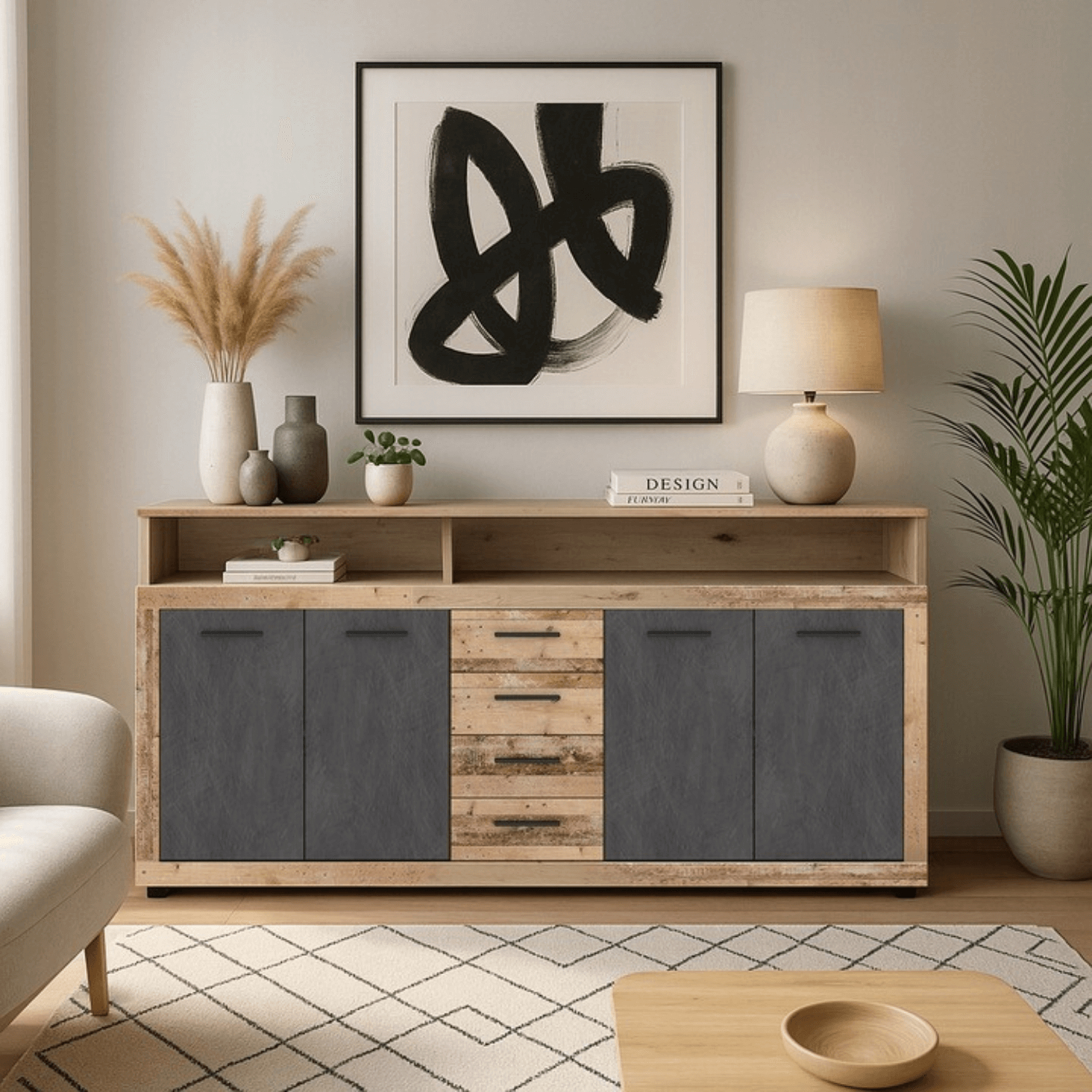 Komoda Czterodrzwiowa BLAGO 190 cm Surowy Dąb/Czarny Loft W.LUNA/OSL/MA/KOM4D4S