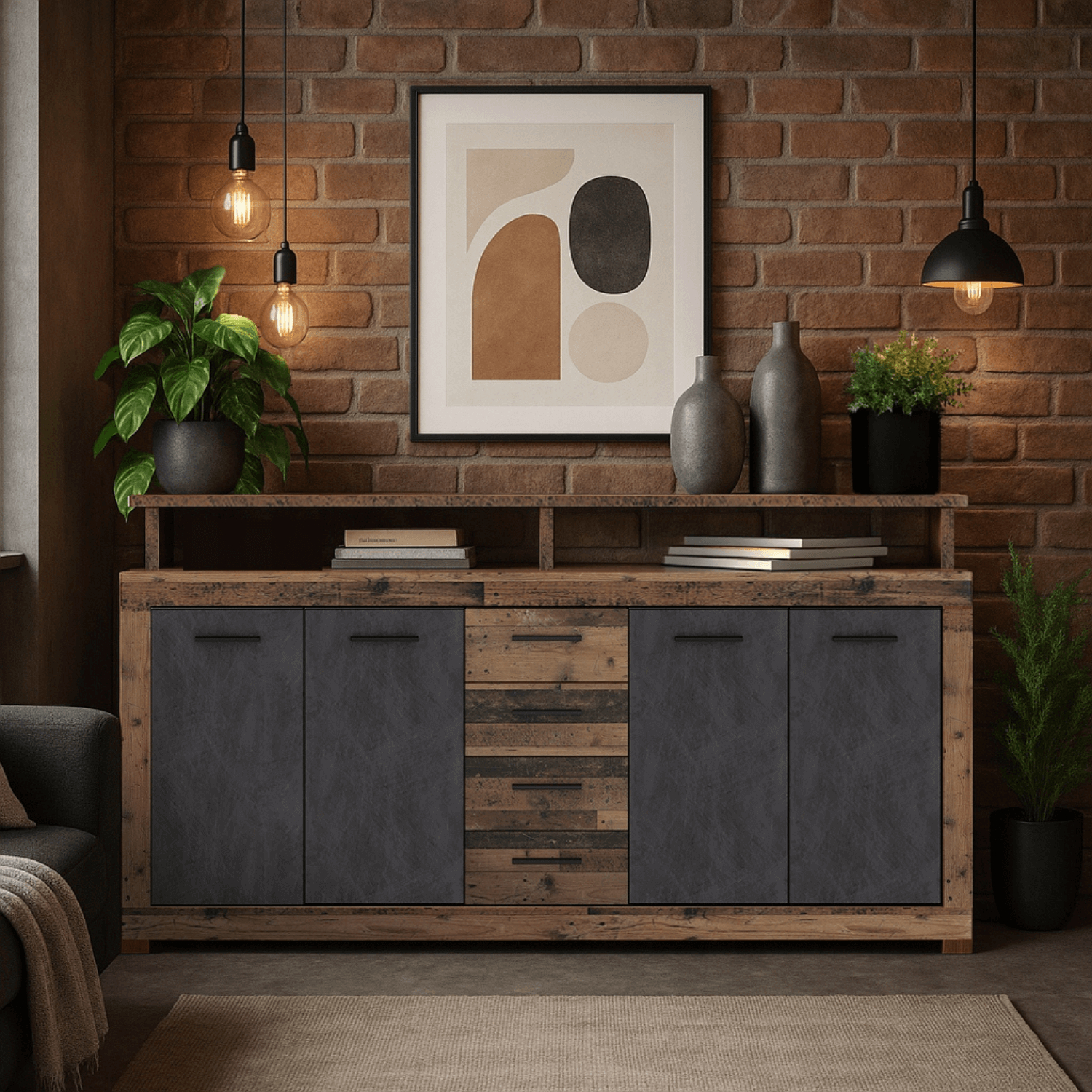 Komoda Czterodrzwiowa BLAGO 190 cm Ciemny Dąb/Czarny Loft W.LUNA/OSD/MA/KOM4D4S