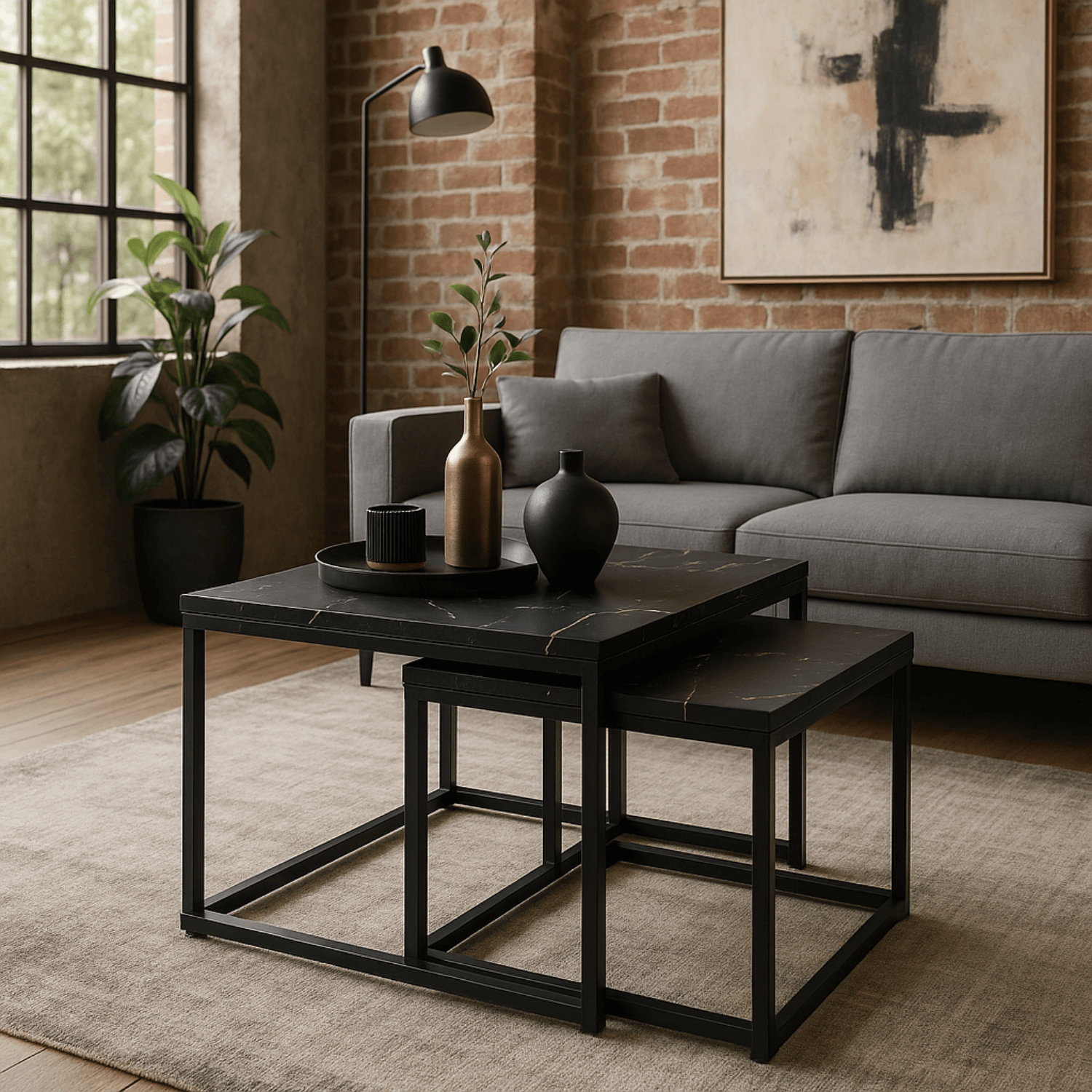 Zestaw Stolików Kawowych JUNO Czarny Marmur/Czarny do Salonu Glamour Nowoczesny ME.JUNO/CZM/CZ/L