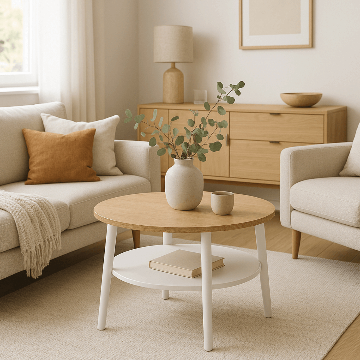 Stolik Kawowy Okrągły PAULO 60 cm Dąb/Biały Skandynawski ME.PAULO/D/B/L