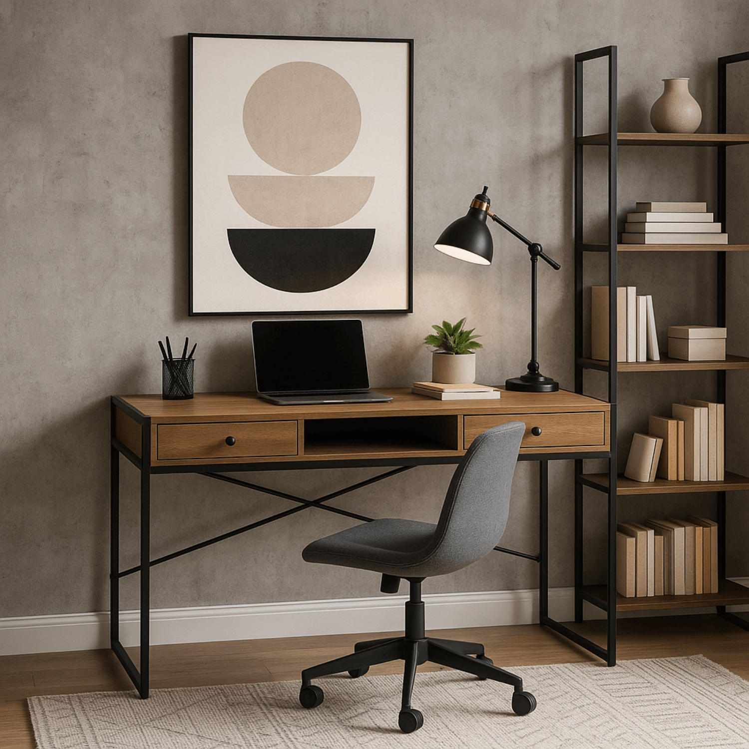 Biurko do Pracy w Domu Czarny Stelaż STEP 123 cm Orzech/Czarne Nowoczesne ME.STEP/RU/CZ/B