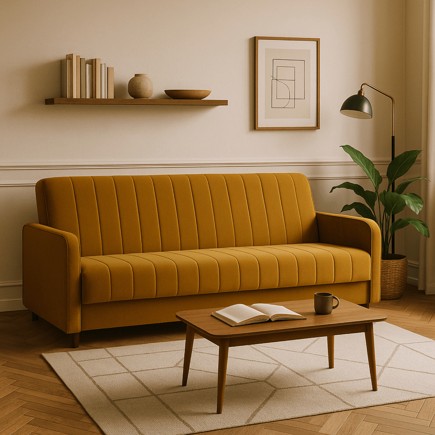 Sofa z Funkcją Spania PORTO Wersalka Rozkładana Dwuosobowa Musztardowa Nowoczesna do Salonu PPHUE.PIEER/KRONOS1/WER