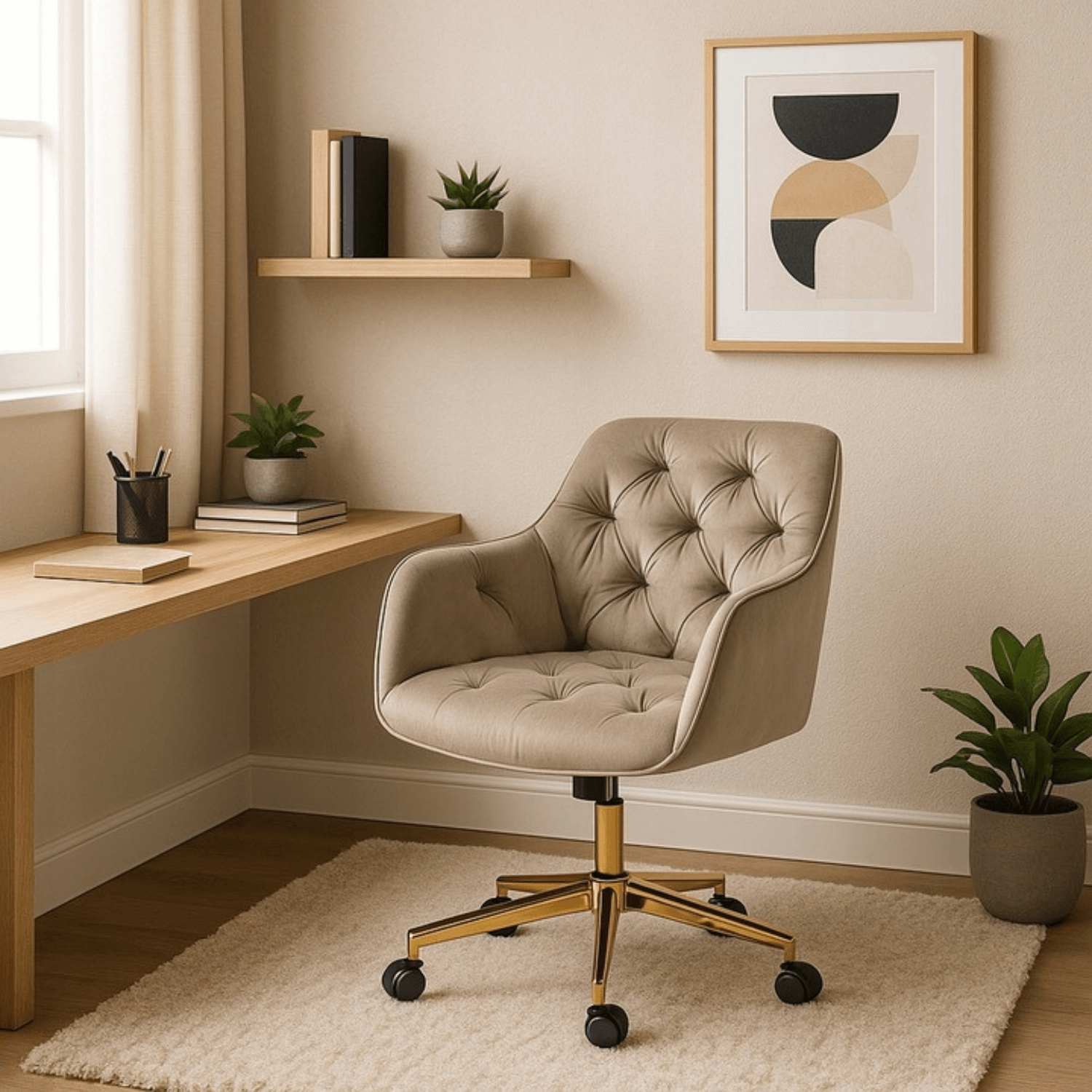 Fotel Młodzieżowy Obrotowy KONOR Beżowy Ze Złotymi Nogami Welurowy Nowoczesny Glamour ME.KONOR/BZ/ZL/V/FO