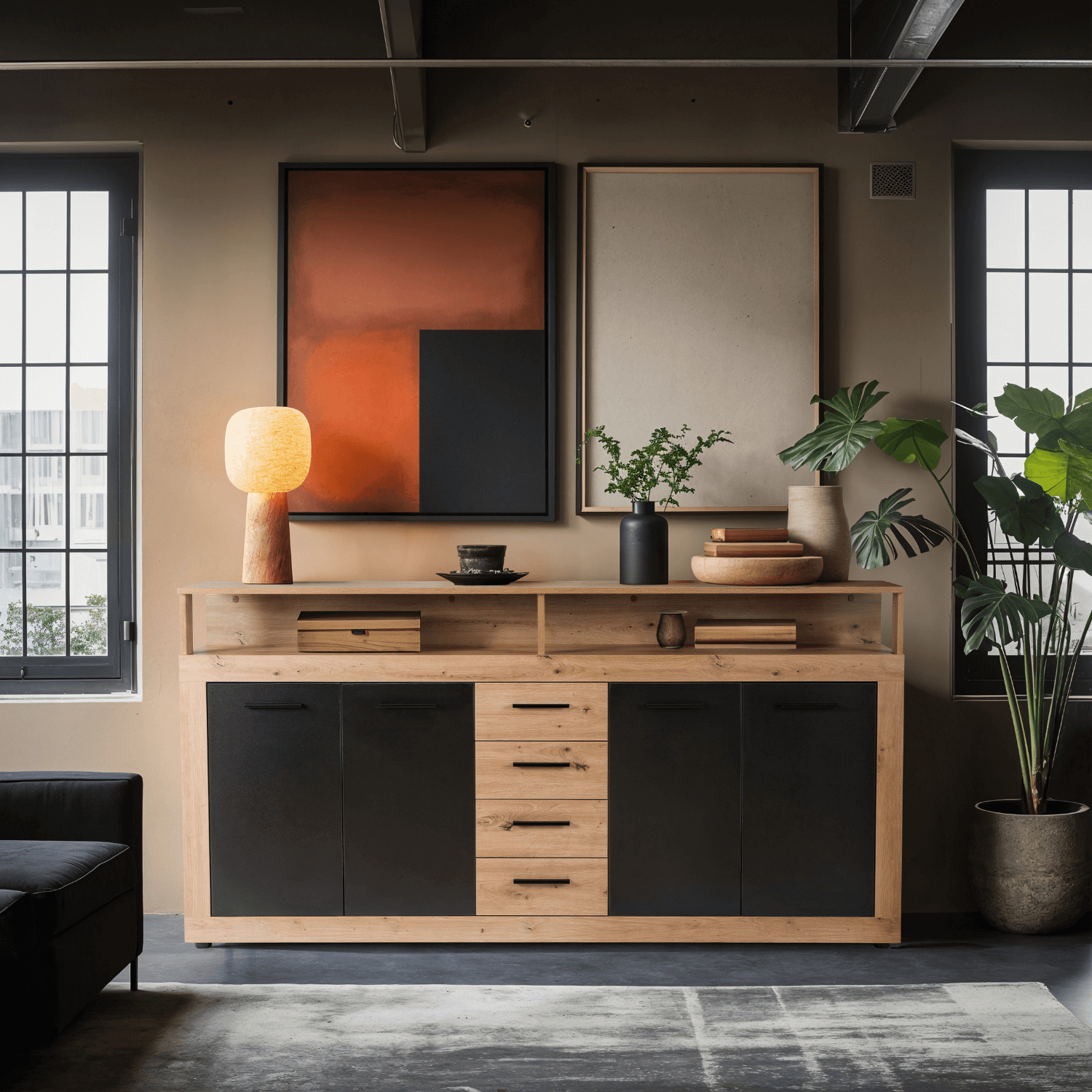 Komoda Czterodrzwiowa z Szufladami BLAGO 190 cm Dąb Artisan/Czarny Nowoczesna Loft W.LUNA/DA/CZ/KOM4D4S