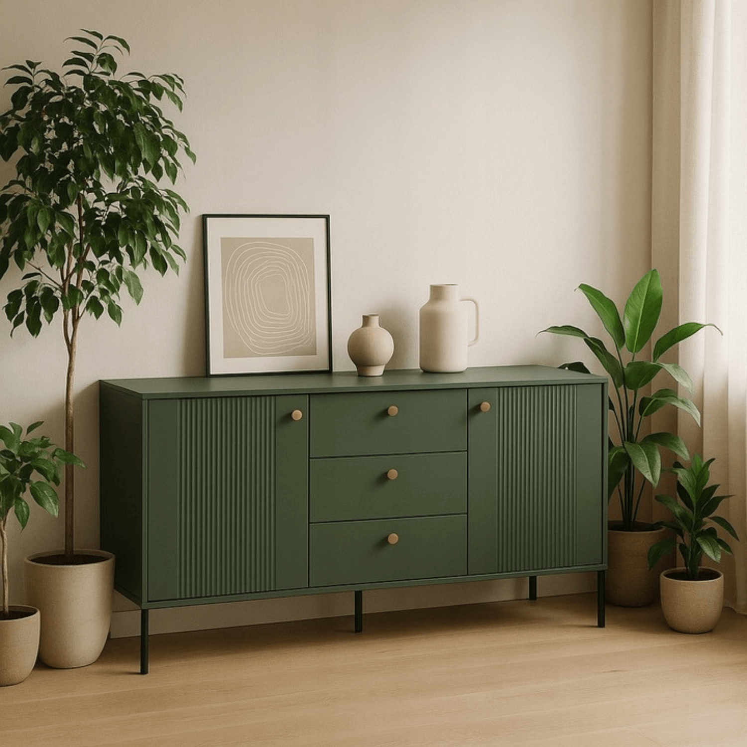 Komoda do Salonu Sypialni SOFT 154 cm Zielona Ryflowana Dwudrzwiowa z Szufladami Nowoczesna W.ISEO/IS03/Z/N.CZ/U.ZL/KOM2D3S
