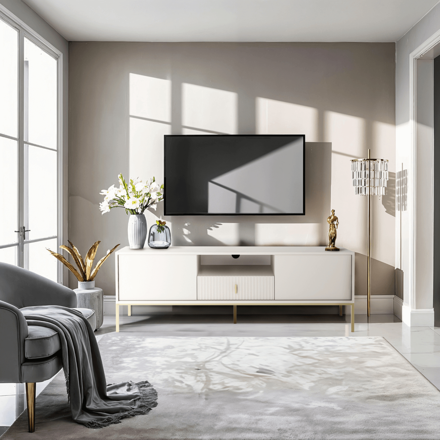 Szafka RTV do Salonu z Szufladą MARCOS 154 cm Kaszmir/Złoty Ryflowana Nowoczesna W.MAGGIORE/KASZ/BZ/ZL/RTV