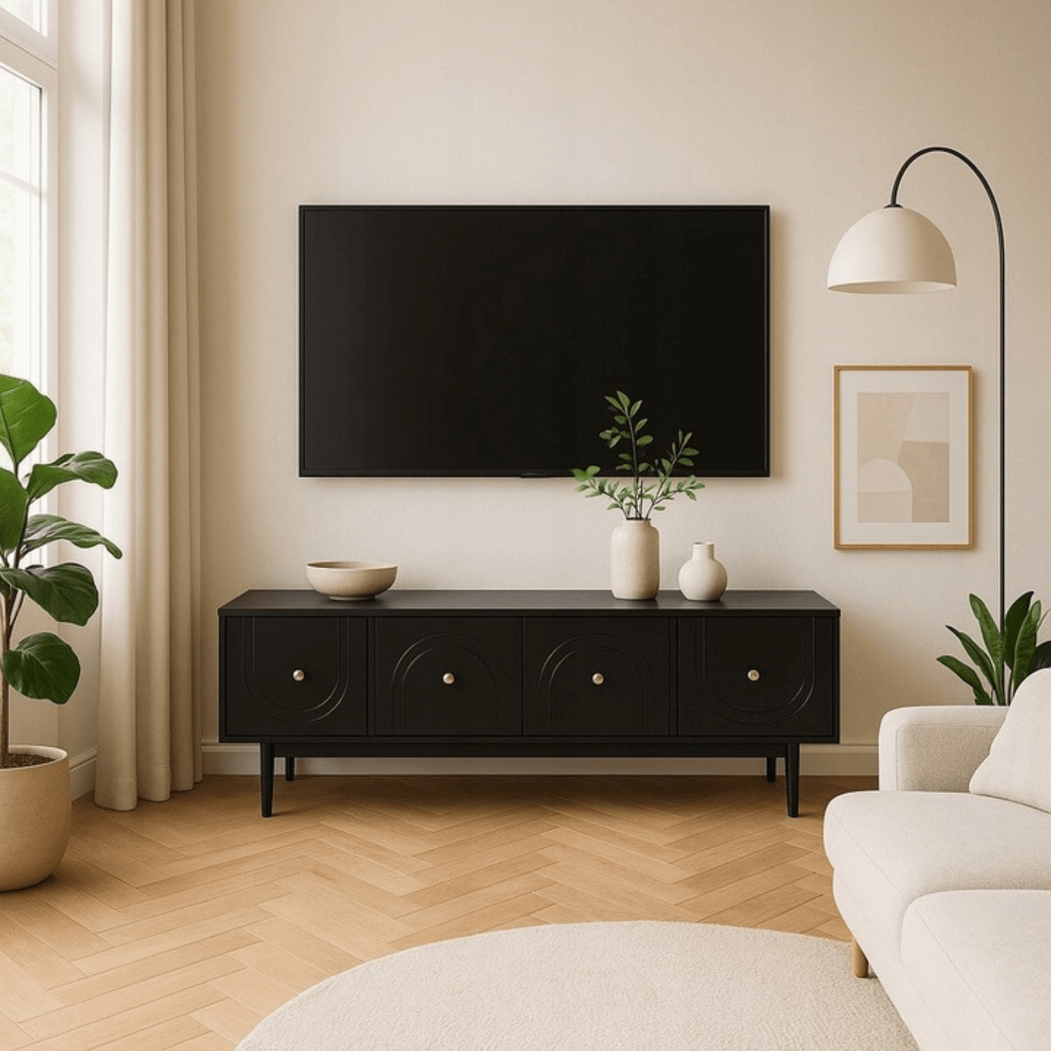 Szafka RTV do Salonu Czterodrzwiowa MARLEN 155 cm Czarna Nowoczesna W.MAZOMA/CZ/N.CZ/U.ZL/RTV4D