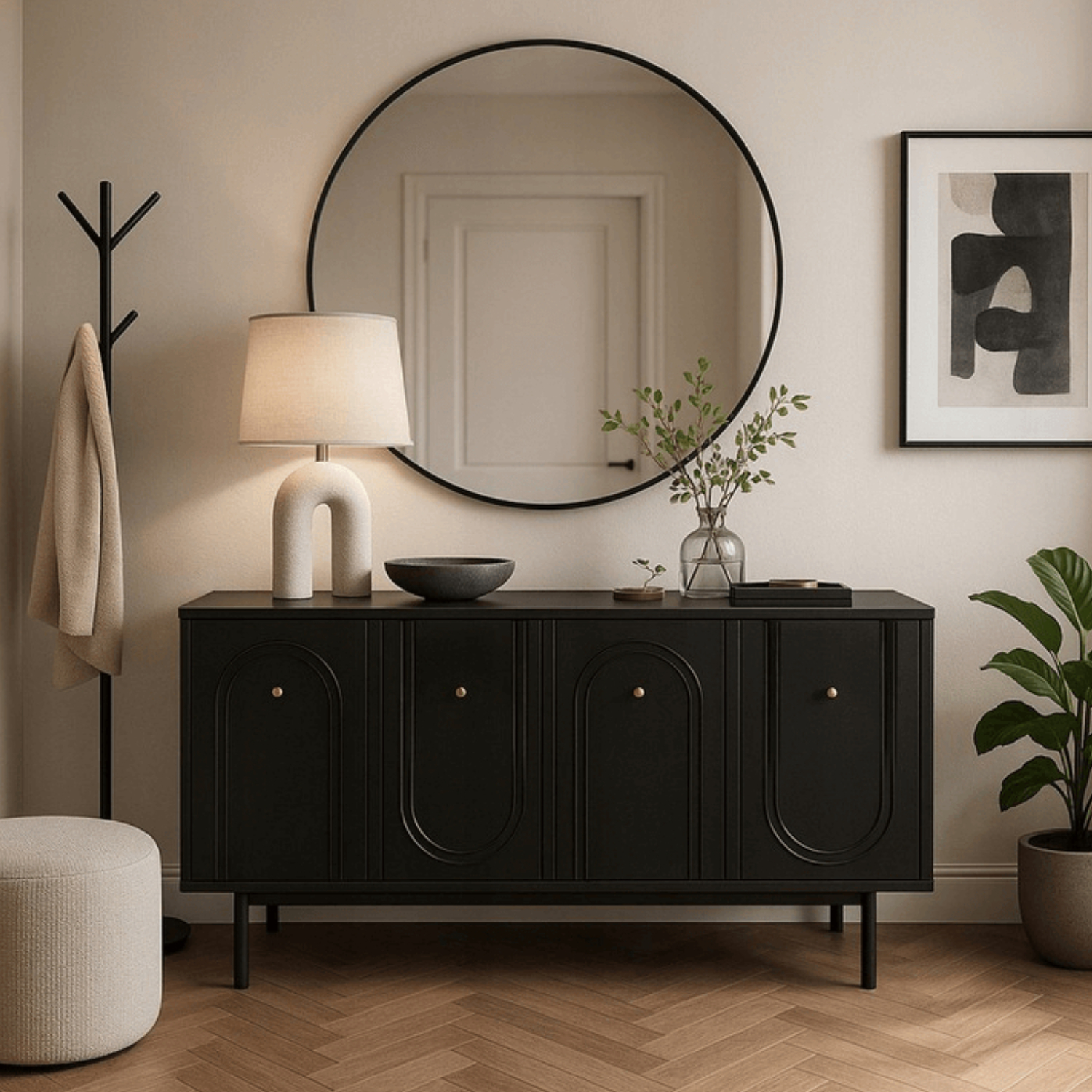 Komoda do Salonu MARLEN 155 cm Czarna Czterodrzwiowa Nowoczesna W.MAZOMA/CZ/N.CZ/U.ZL/KOM4D