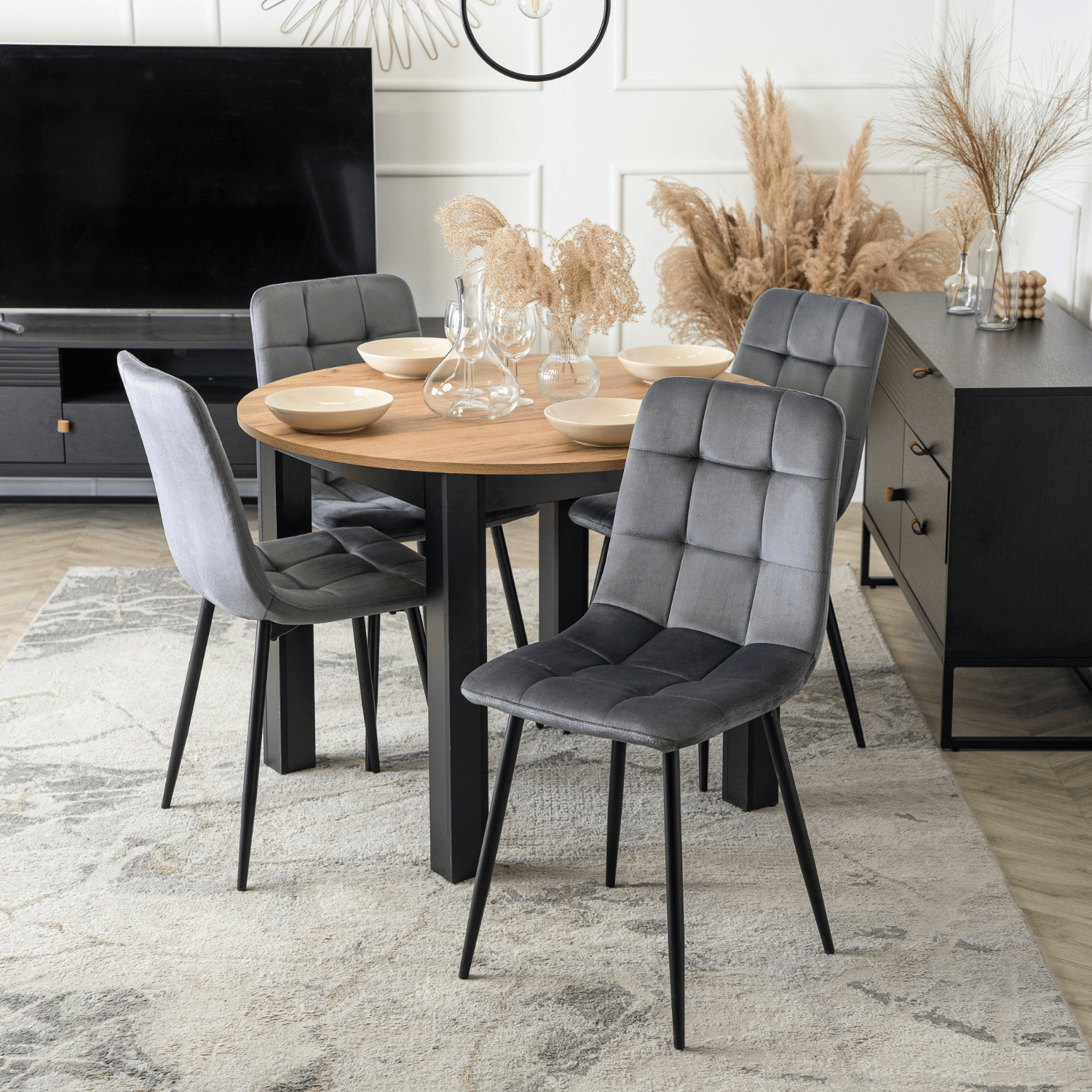 Zestaw Stół Okrągły Rozkładany HARRY 102-142 cm Dąb Craft/Czarny i 4 Krzesła Tapicerowane PERU Szare Welurowe Nowoczesne W.HARRY/DC/CZ/S/PERU/P/V/Z4/K