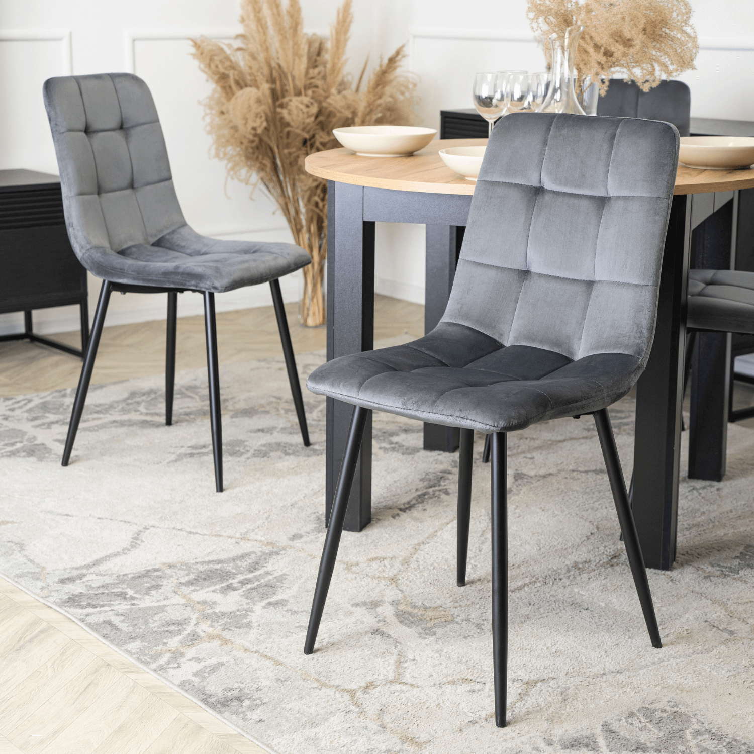 Zestaw Stół Okrągły Rozkładany HARRY 102-142 cm Dąb Craft/Czarny i 6 Krzeseł Tapicerowanych PERU Szarych Welurowych Nowoczesnych W.HARRY/DC/CZ/S/PERU/