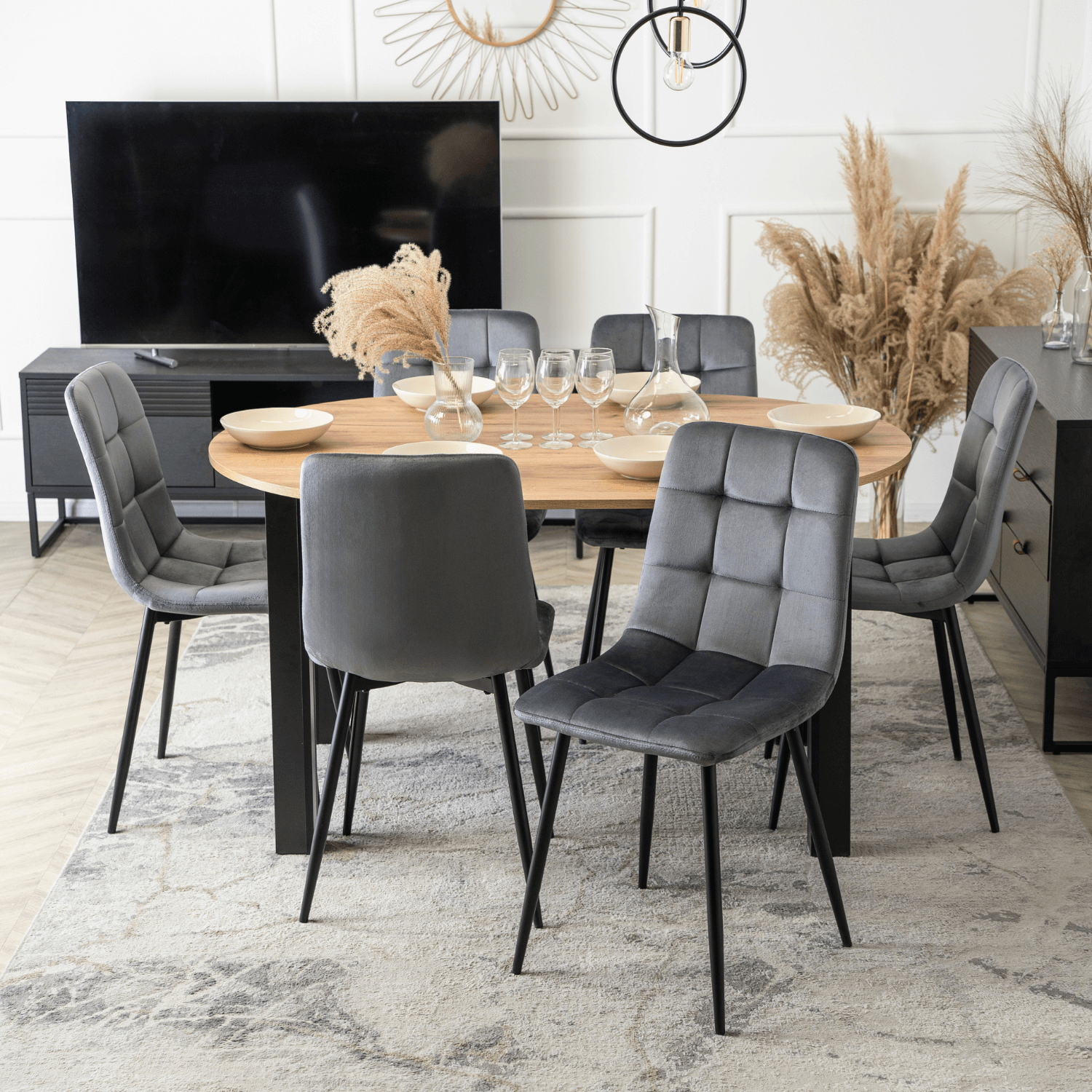 Zestaw Stół Okrągły Rozkładany HARRY 102-142 cm Dąb Craft/Czarny i 6 Krzeseł Tapicerowanych PERU Szarych Welurowych Nowoczesnych W.HARRY/DC/CZ/S/PERU/
