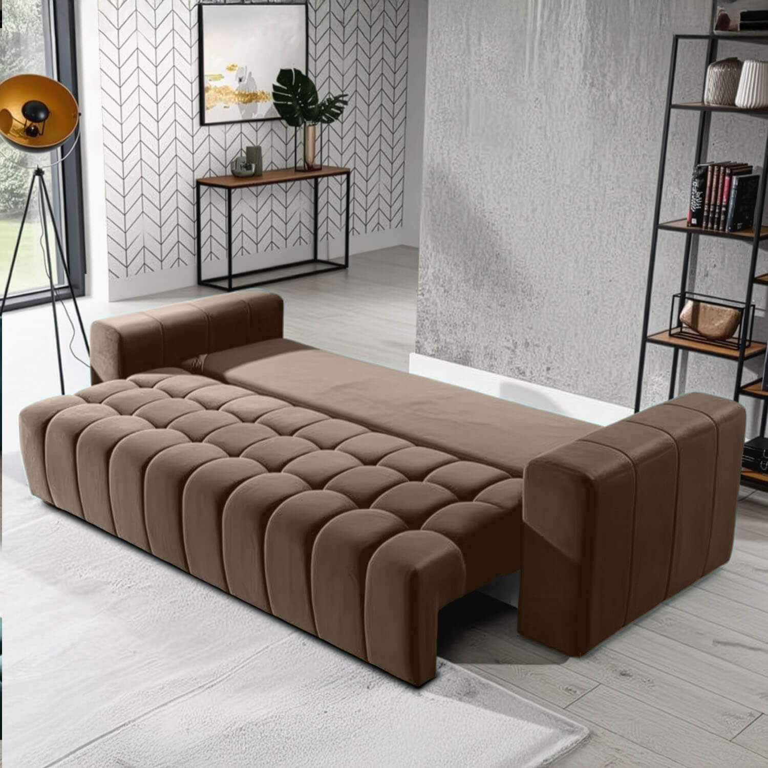 Sofa z Funkcją Spania LAZARO Rozkładana Jasnobrązowa Welurowa Nowoczesna eltap.Laz_01