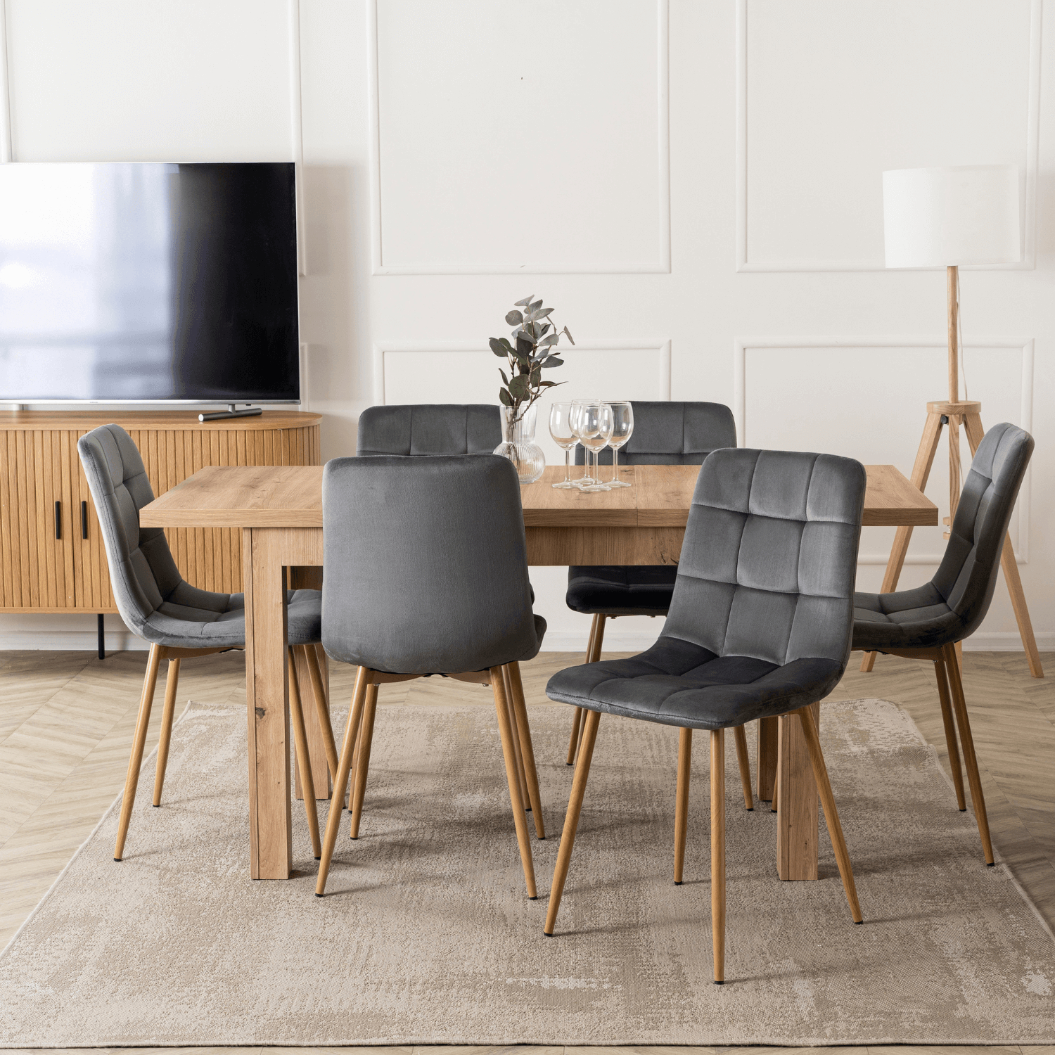 Zestaw Stół Prostokątny Rozkładany SKUBI 120-160 cm Dąb Artisan i 6 Krzeseł Tapicerowanych do Jadalni FREDY Szarych Welurowych W.SKUBI/DA/S/FREDY/P/D/