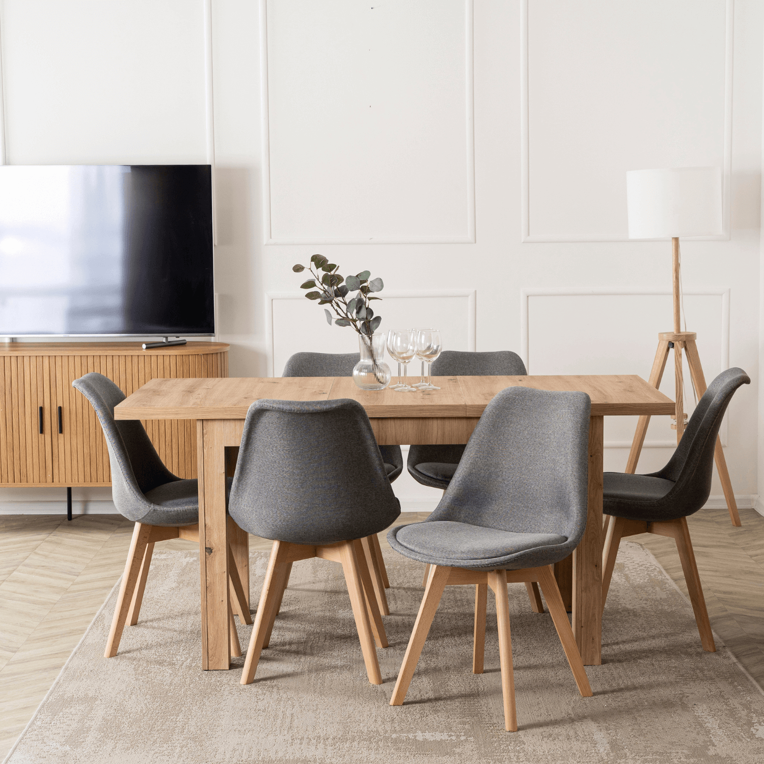 Zestaw Stół Prostokątny Rozkładany SKUBI 120-160 cm Dąb Artisan i 6 Krzeseł Tapicerowanych NEVEL Szarych Skandynawskich W.SKUBI/DA/S/NEVEL/P/D/T/Z6/K