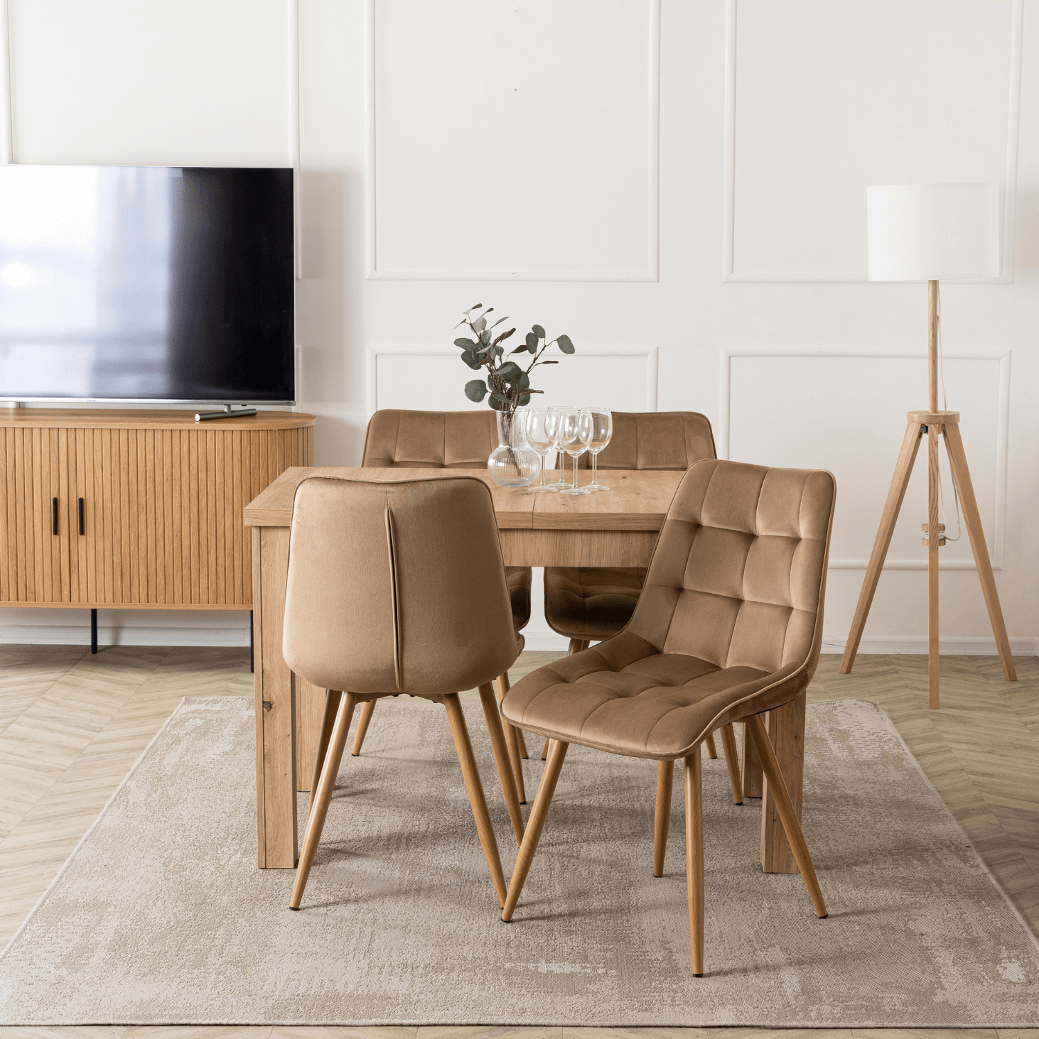 Zestaw Stół Prostokątny Rozkładany SKUBI 120-160 cm Dąb Artisan i 4 Krzesła Tapicerowane RODRI Beżowe Welurowe Nowoczesne W.SKUBI/DA/S/RODRI/BZ/D/V/Z4