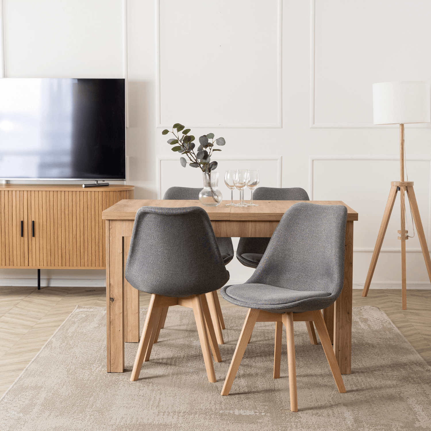 Zestaw Stół Prostokątny Rozkładany SKUBI 120-160 cm Dąb Artisan i 4 Krzesła Tapicerowane do Jadalni NEVEL Szare Skandynawskie W.SKUBI/DA/S/NEVEL/P/D/T