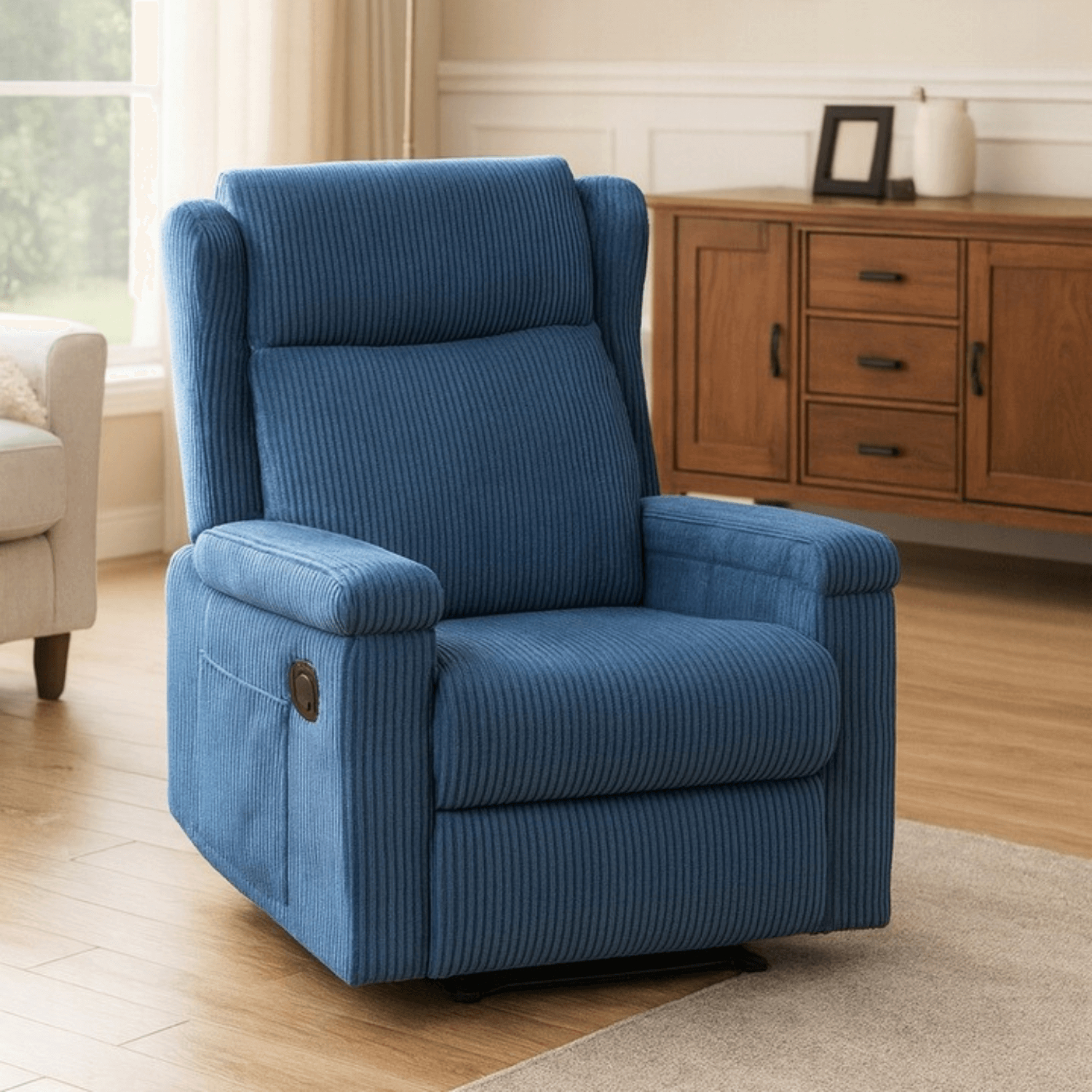 Fotel Masujący SEBASTIAN Rozkładany Wypoczynkowy z Podnóżkiem Granatowy Sztruksowy Nowoczesny ME.SEBASTIAN/GR/SZTR/FW