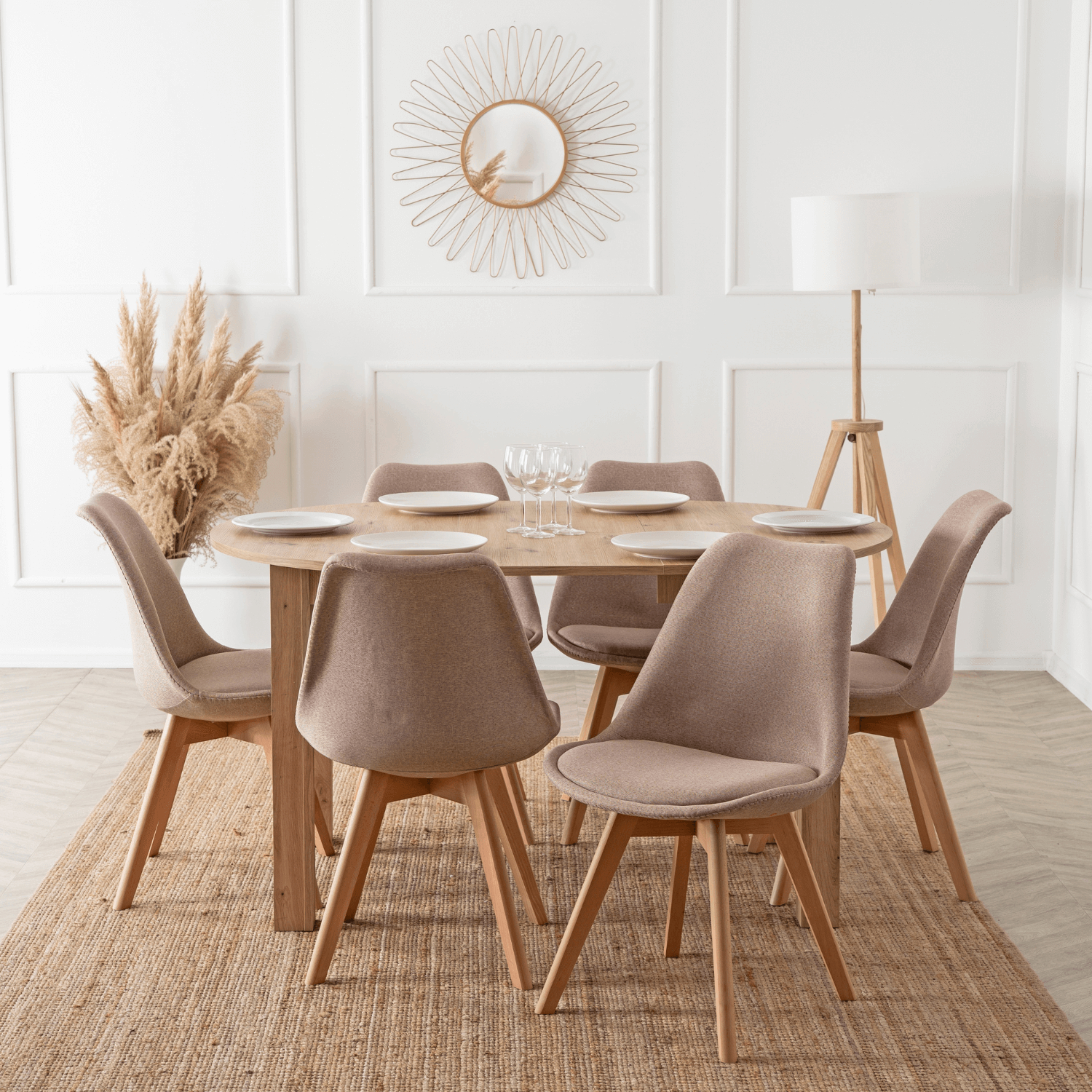 Zestaw Stół Okrągły Rozkładany HARRY 102-142 cm Dąb Artisan i 6 Krzeseł NEVEL Beżowych Skandynawskich W.HARRY/DA/S/NEVEL/BZ/D/T/Z6/K