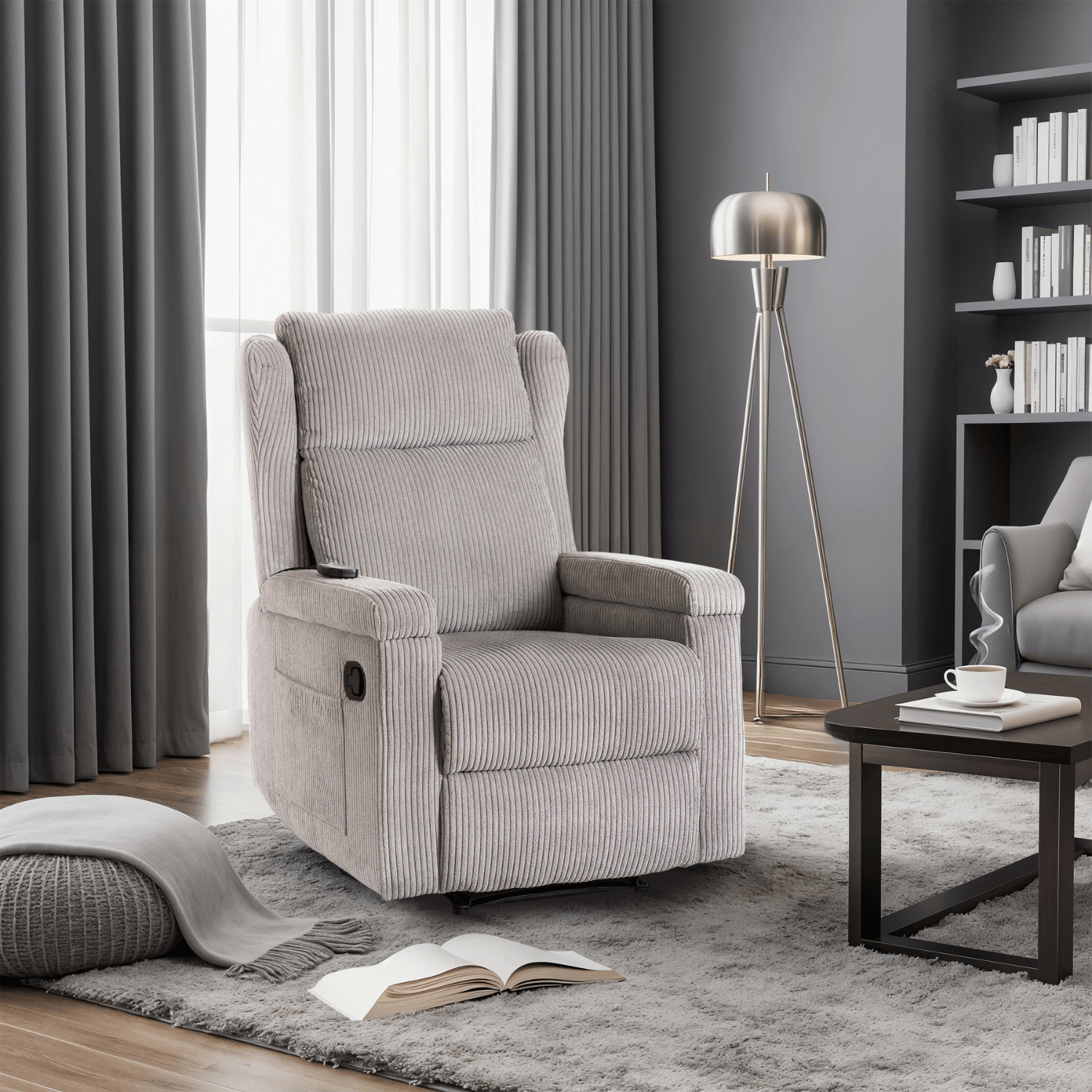 Fotel Masujący SEBASTIAN Rozkładany Wypoczynkowy z Podnóżkiem Szary Sztruksowy Nowoczesny ME.SEBASTIAN/P/SZTR/FW