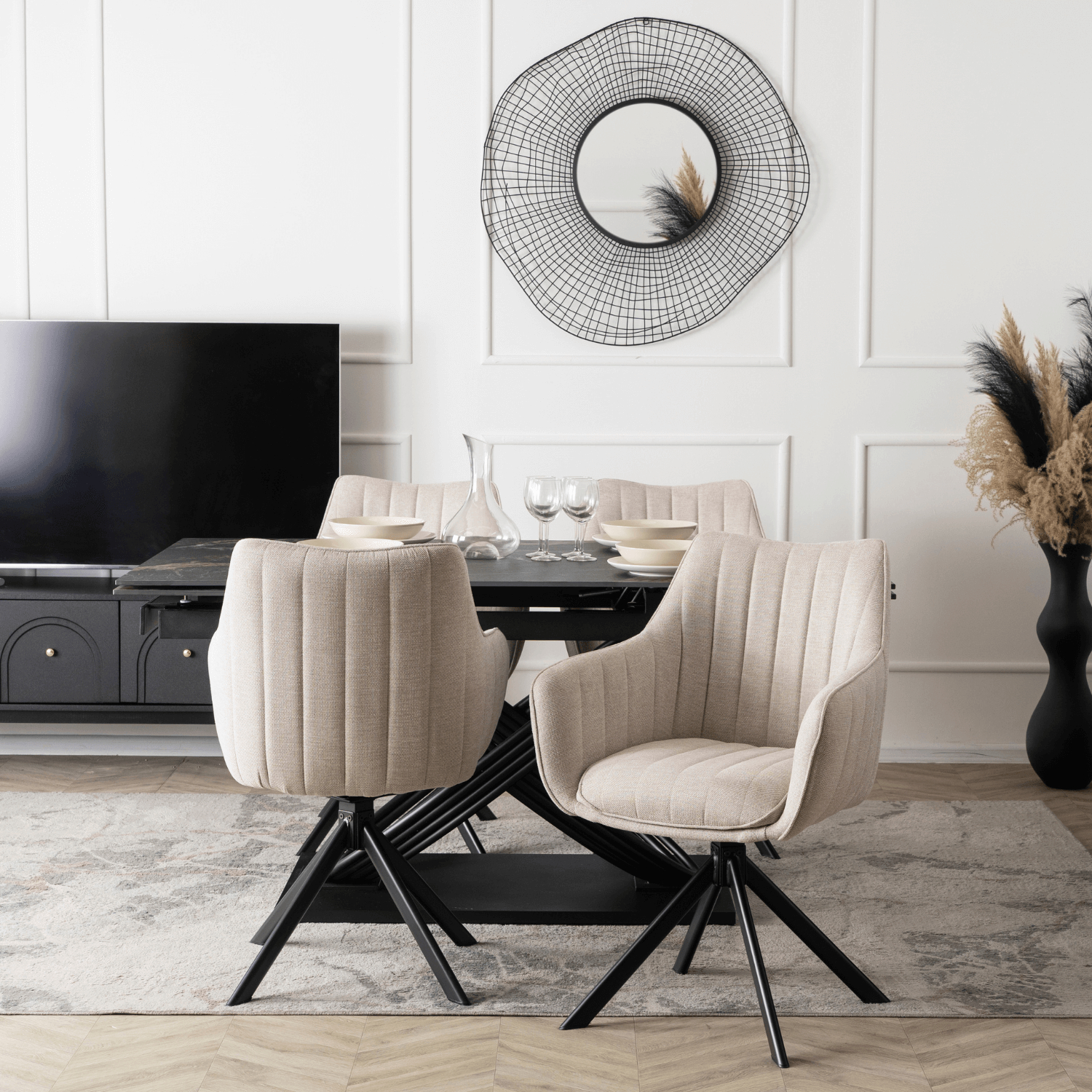 Zestaw Stół Rozkładany IBIZA 160-240 cm Czarny Marmur i 4 Krzesła Tapicerowane MUMBAI Kremowe Nowoczesne IBIZA/CZZL/CZ/S160-240/MUMBAI/KR/T/Z4/K