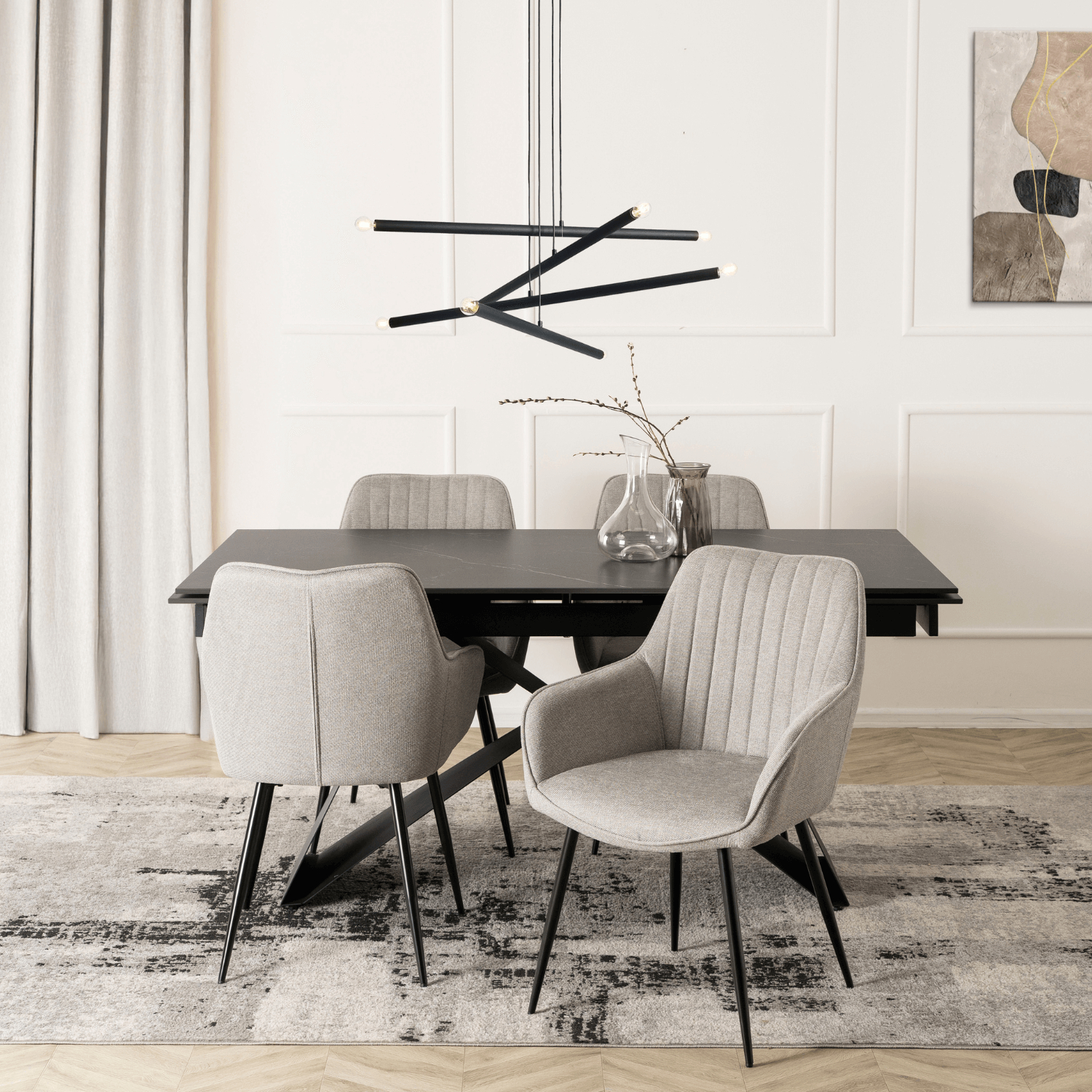Zestaw Stół Prostokątny Rozkładany VICTOR 160-240 cm Czarny Marmur i 4 Krzesła Tapicerowane MALAGA Szare Nowoczesne VICTOR/CZ/S/MALAGA/JP/CZ/T/Z4/K
