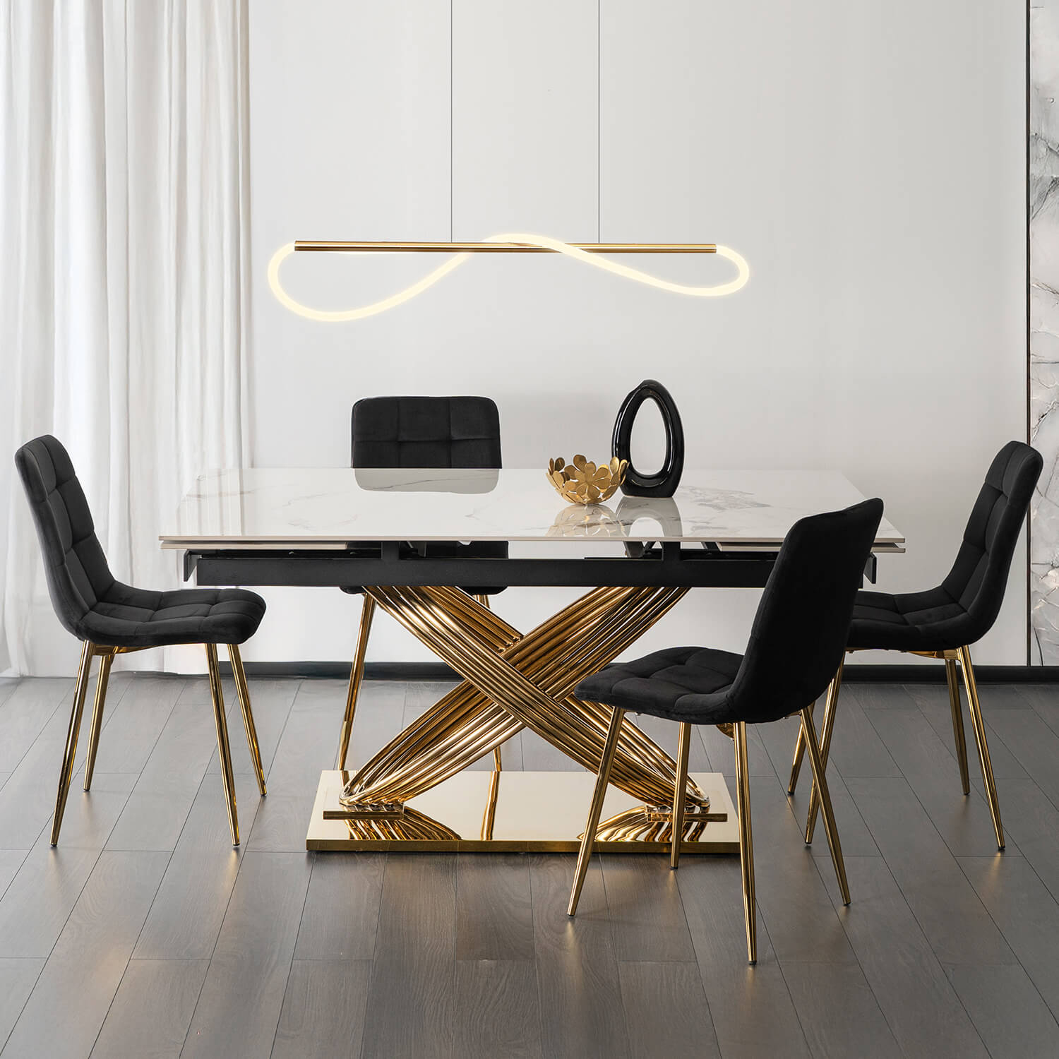 Zestaw Stół Rozkładany IBIZA 160-240 cm Biały Marmur/Złoty i 4 Krzesła Tapicerowane YORK Czarne Glamour IBIZA/B/ZL/S160-240/YORK/CZ/ZL/V/Z4/K