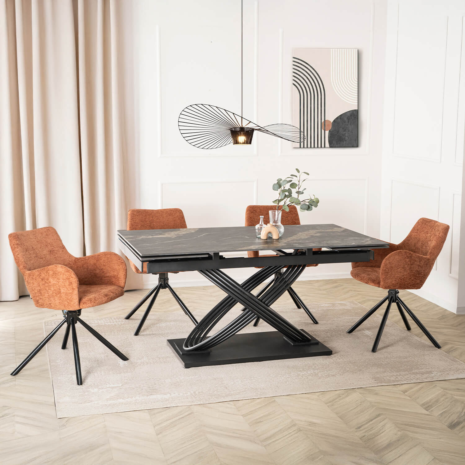 Zestaw Stół Rozkładany IBIZA 160-240 cm Czarny Marmur i 4 Krzesła Tapicerowane FLAV Rude Nowoczesne IBIZA/CZZL/CZ/S160-240/FLAV/RD/CZ/TB/Z4/K