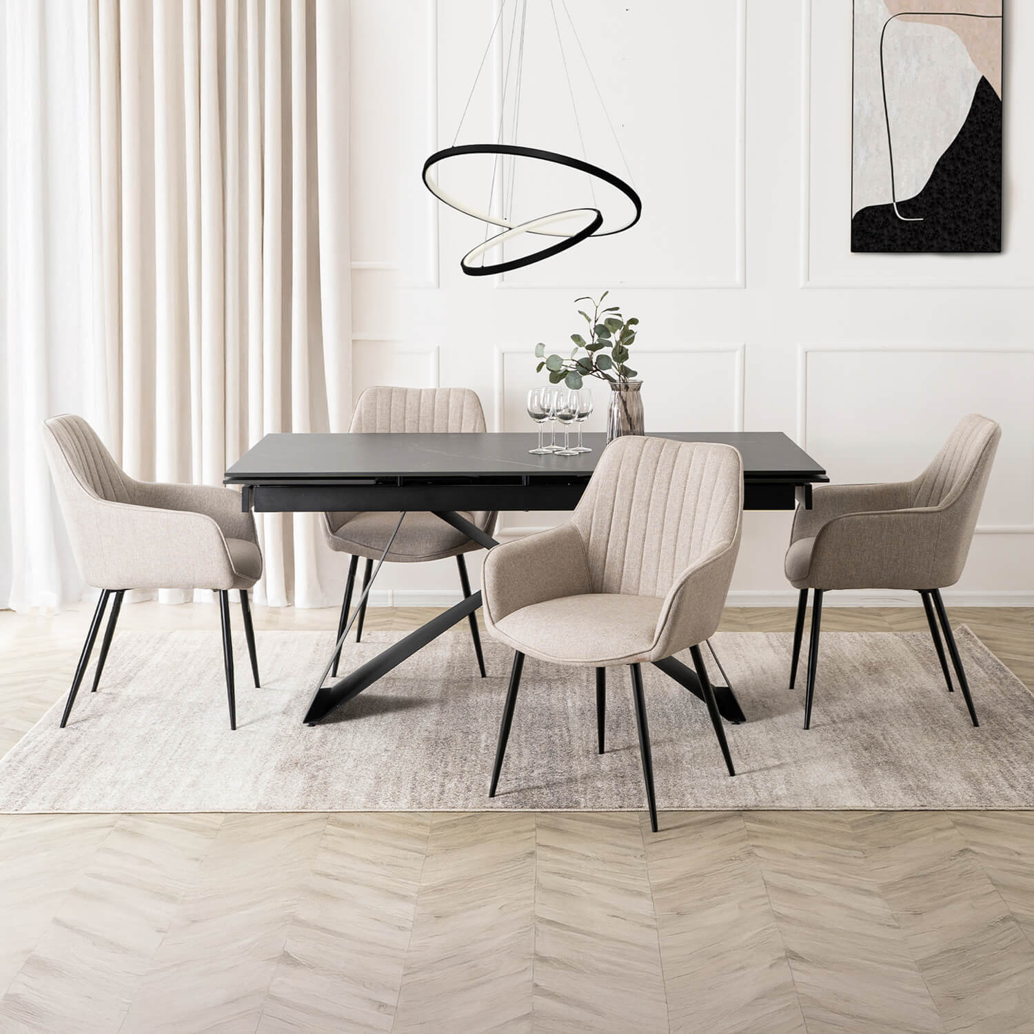 Zestaw Stół Prostokątny Rozkładany VICTOR 160-240 cm Czarny Marmur i 4 Krzesła Tapicerowane MALAGA Beżowe Nowoczesne VICTOR/CZ/S/MALAGA/BZ/CZ/T/Z4/K
