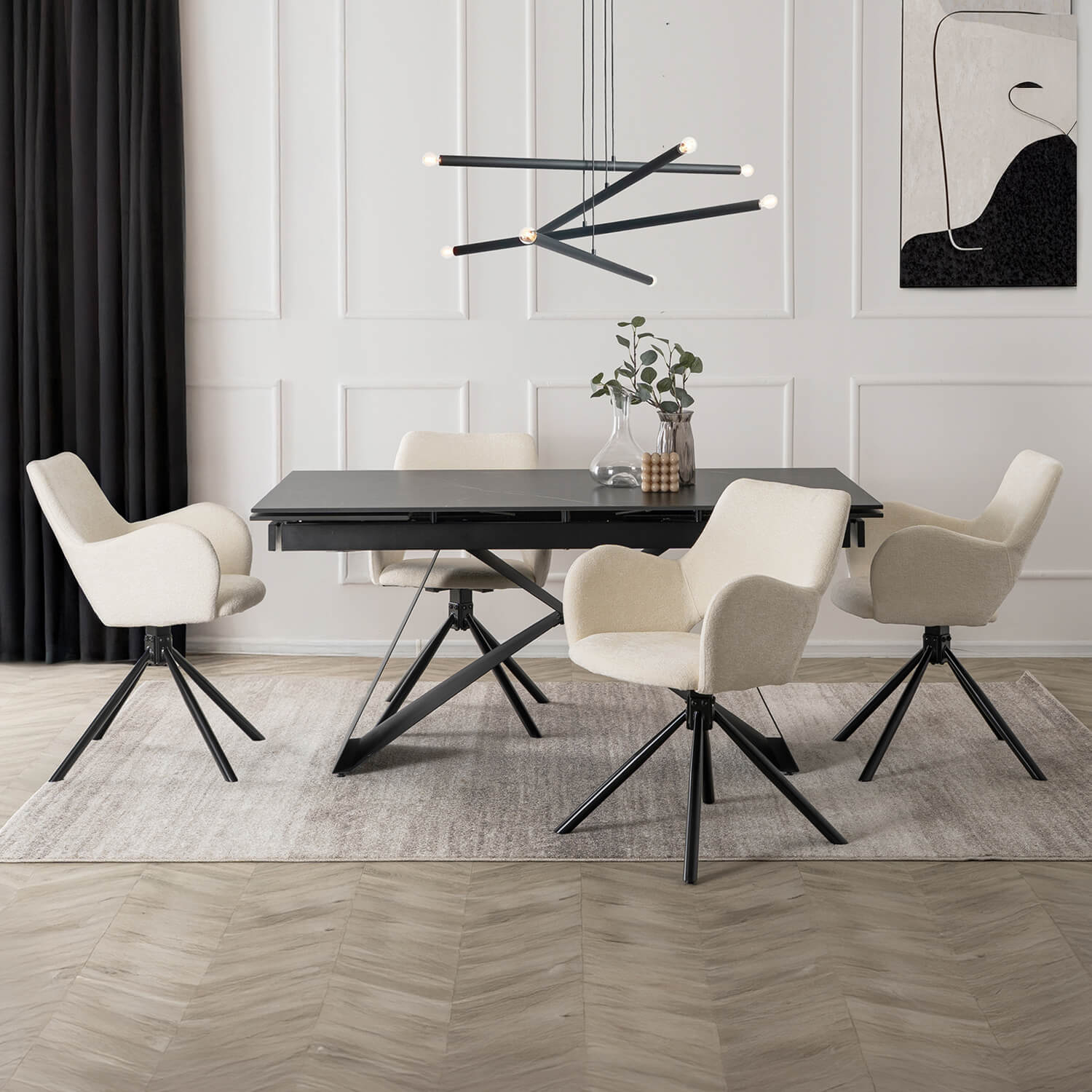 Zestaw Stół Prostokątny Rozkładany VICTOR 160-240 cm Czarny Marmur i 4 Krzesła Tapicerowane FLAV Kremowe Nowoczesne VICTOR/CZ/S/FLAV/KR/CZ/TB/Z4/K