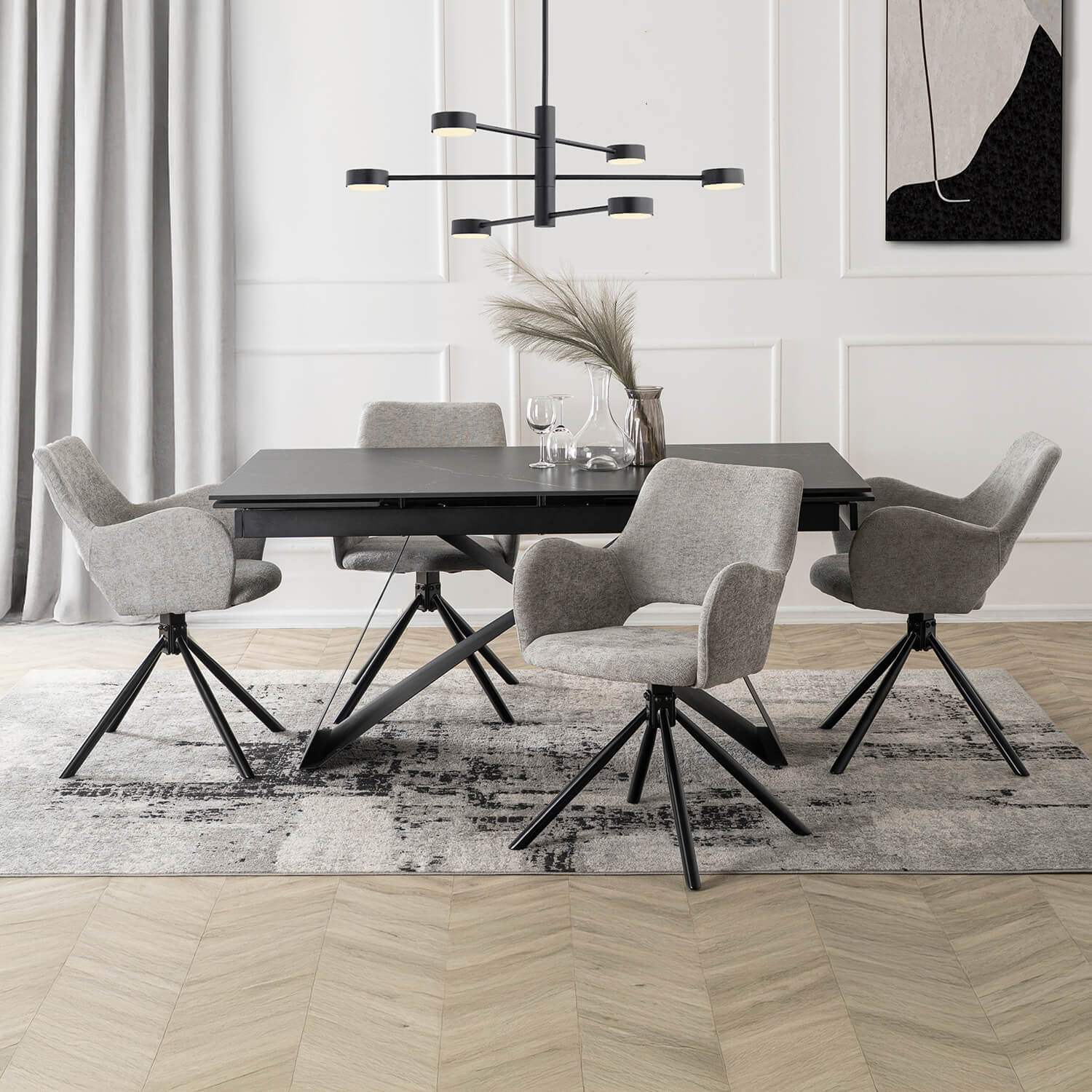 Zestaw Stół Prostokątny Rozkładany VICTOR 160-240 cm Czarny Marmur i 4 Krzesła Tapicerowane FLAV Szare Nowoczesne VICTOR/CZ/S/FLAV/P/CZ/TB/Z4/K