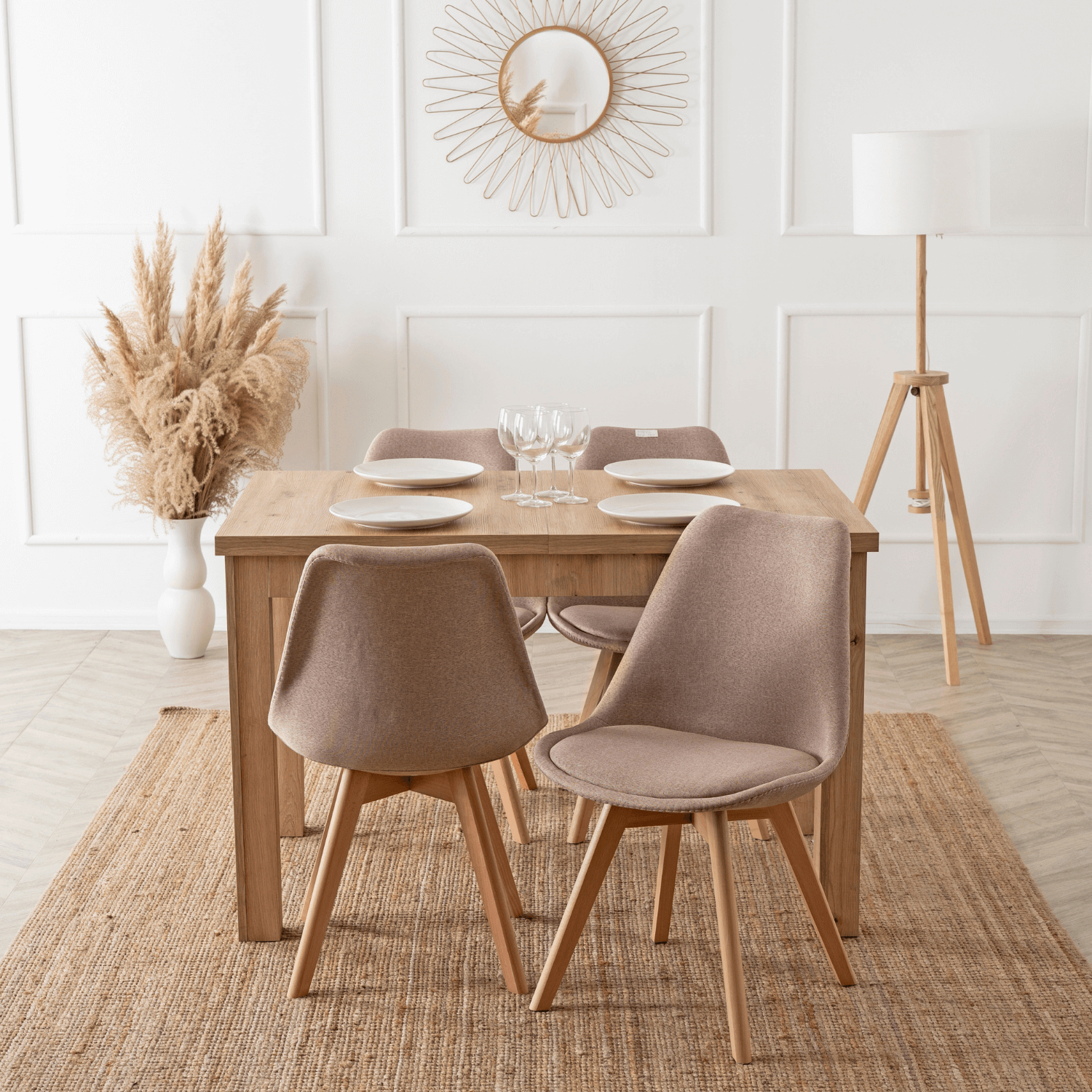 Zestaw Stół Prostokątny Rozkładany SKUBI 120-160 cm Dąb Artisan i 4 Krzesła Tapicerowane do Jadalni NEVEL Beżowe Skandynawskie W.SKUBI/DA/S/NEVEL/BZ/D