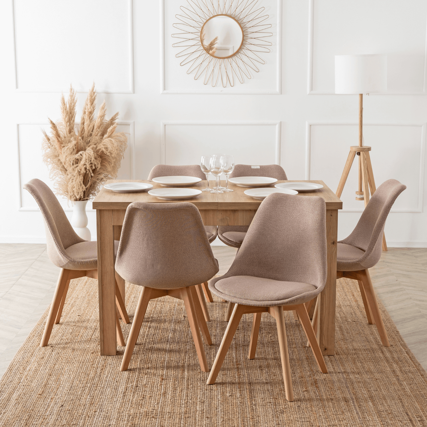 Zestaw Stół Prostokątny Rozkładany SKUBI 120-160 cm Dąb Artisan i 6 Krzeseł Tapicerowanych NEVEL Beżowych Skandynawskich W.SKUBI/DA/S/NEVEL/BZ/D/T/Z6/