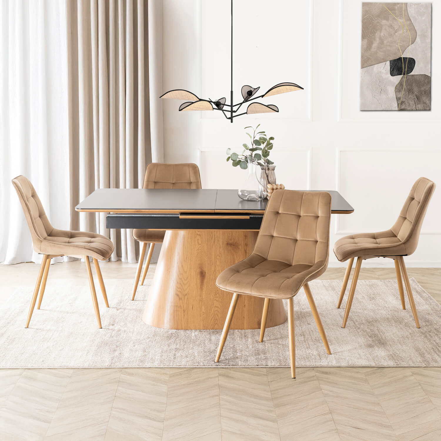 Zestaw Stół Rozkładany Ceramiczny LIZBONA 160-200 cm Czarny/Dąb i 4 Krzesła Tapicerowane RODRI Beżowe Nowoczesne LIZBONA/CZ/D/CER/S160-200/RODRI/BZ/D/