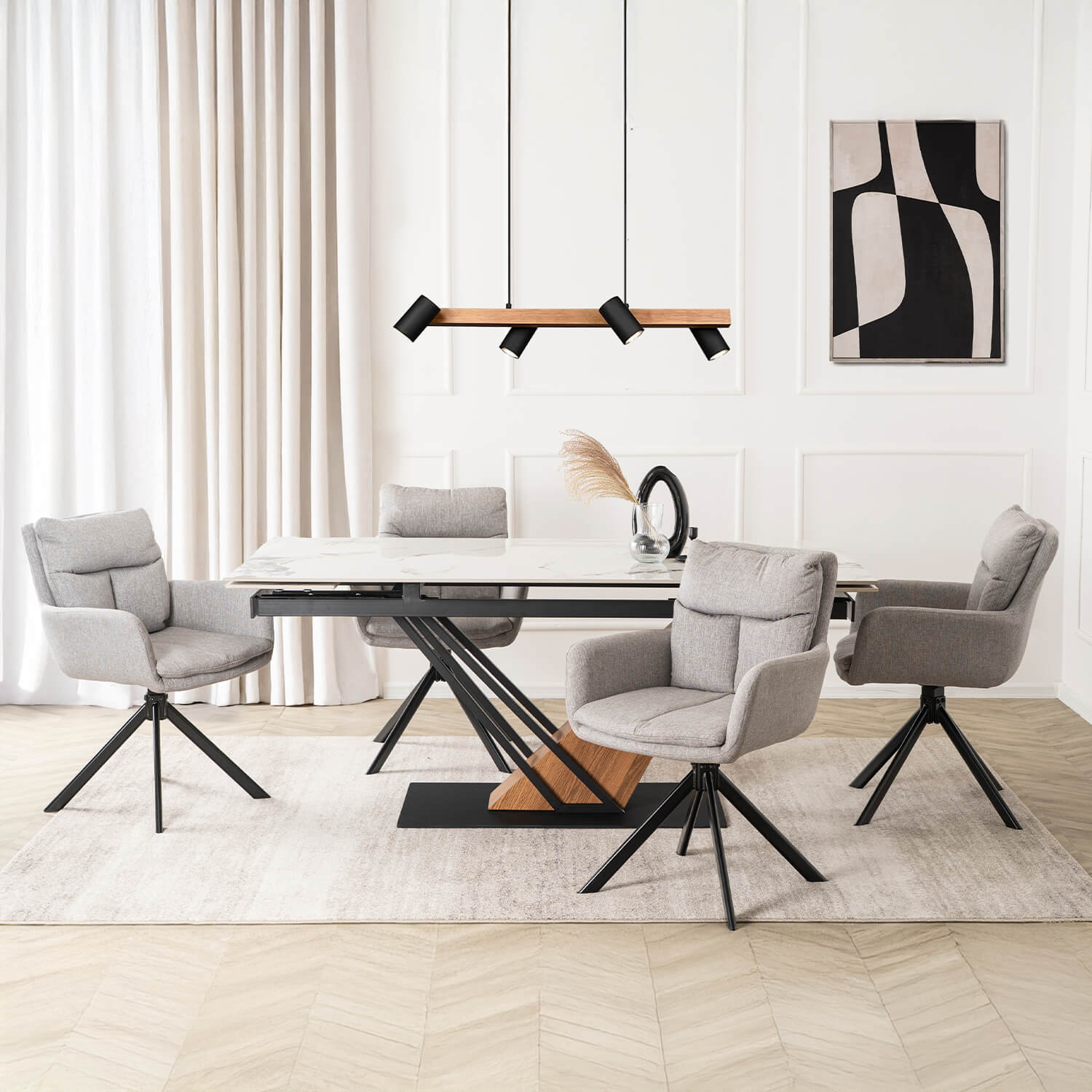 Zestaw Stół Rozkładany Ceramiczny REX 2 180-240 cm Biały Marmur/Czarny i 4 Krzesła Tapicerowane PAUL Szare Nowoczesne REX2/B/D/CER/S180-240/PAUL/P/CZ/