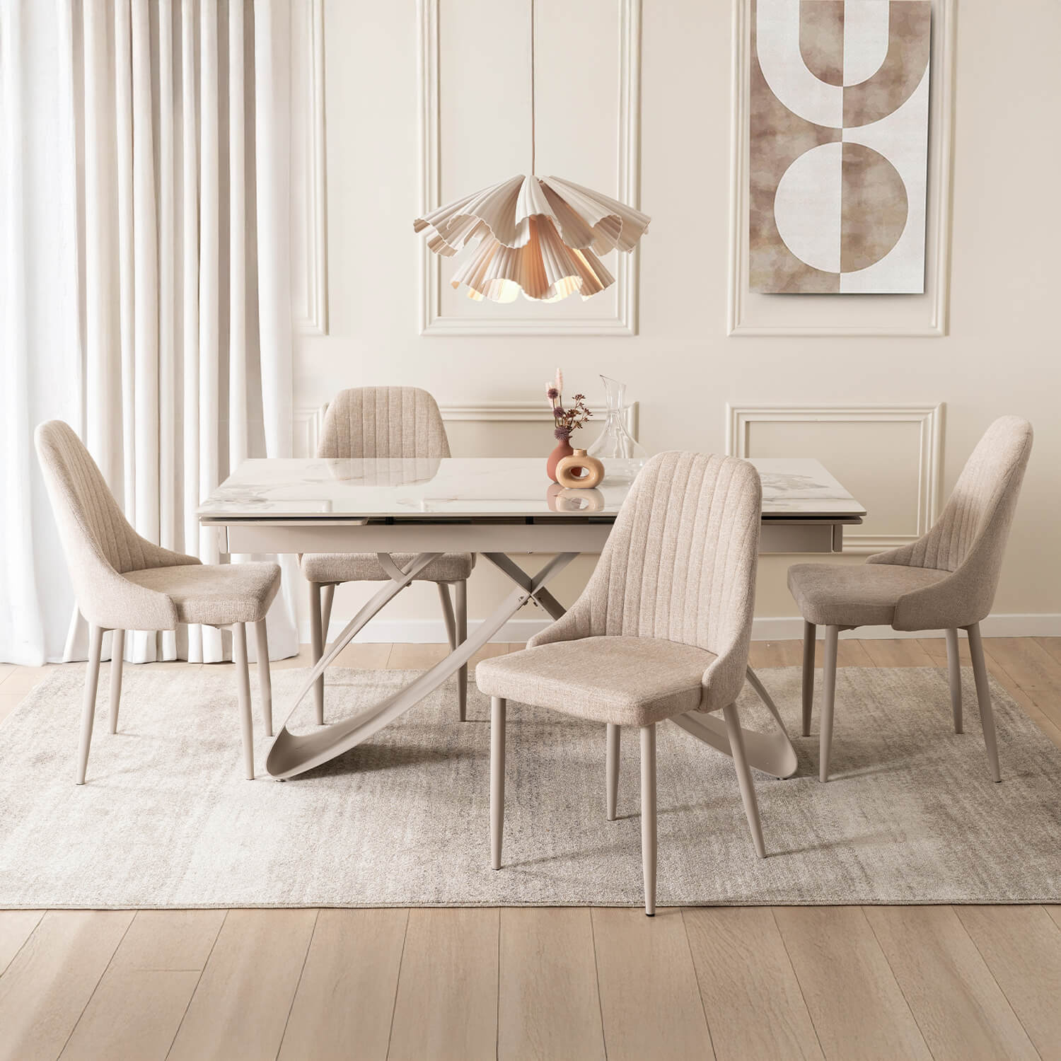 Zestaw Stół Rozkładany LUIGI 160-240 cm Biały Marmur/Kaszmir i 4 Krzesła TORINO Kremowe Nowoczesne LUIGI/B/KASZ/S160-240/TORINO/KR/KASZ/T/Z4/K