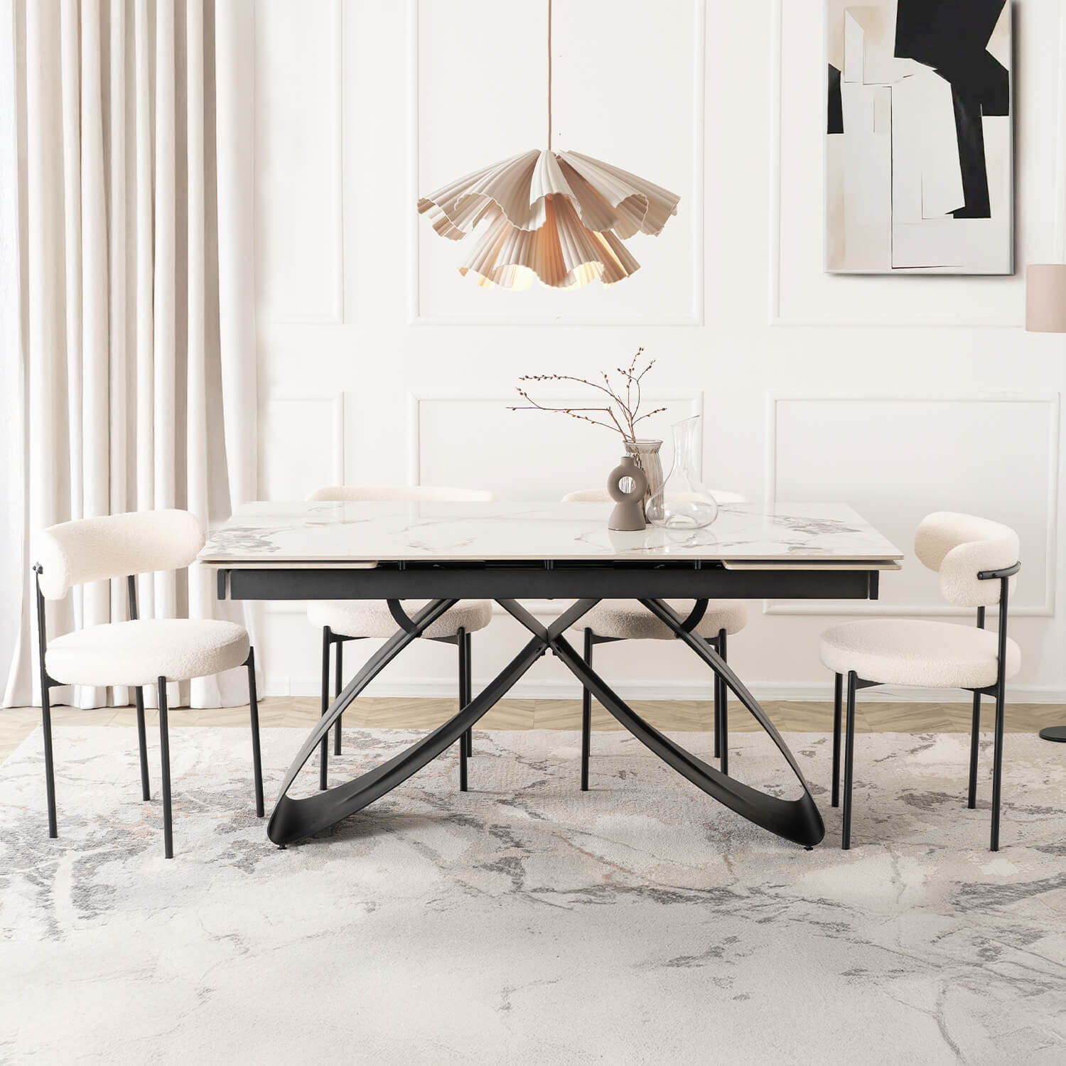 Zestaw Stół Rozkładany LUIGI 160-240 cm Biały Marmur/Czarny i 4 Krzesła TULSA Kremowe Nowoczesne LUIGI/B/CZ/S160-240/TULSA/KR/CZ/TB/Z4/K