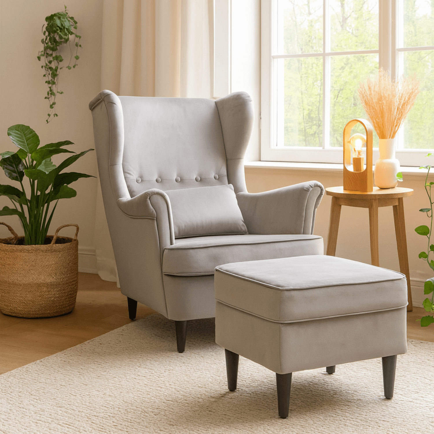 Fotel Wypoczynkowy Uszak EVAN 2 z Podnóżkiem Szary Welurowy Nowoczesny ME.EVAN2/P/CZ/V/FWPD