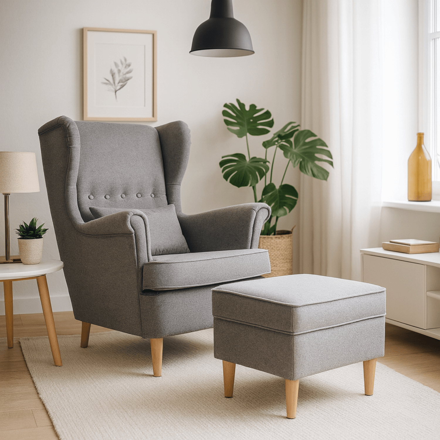 Fotel Wypoczynkowy Uszak EVAN 2 z Podnóżkiem Szary Tapicerowany Nowoczesny ME.EVAN2/JP/D/T/FWPD