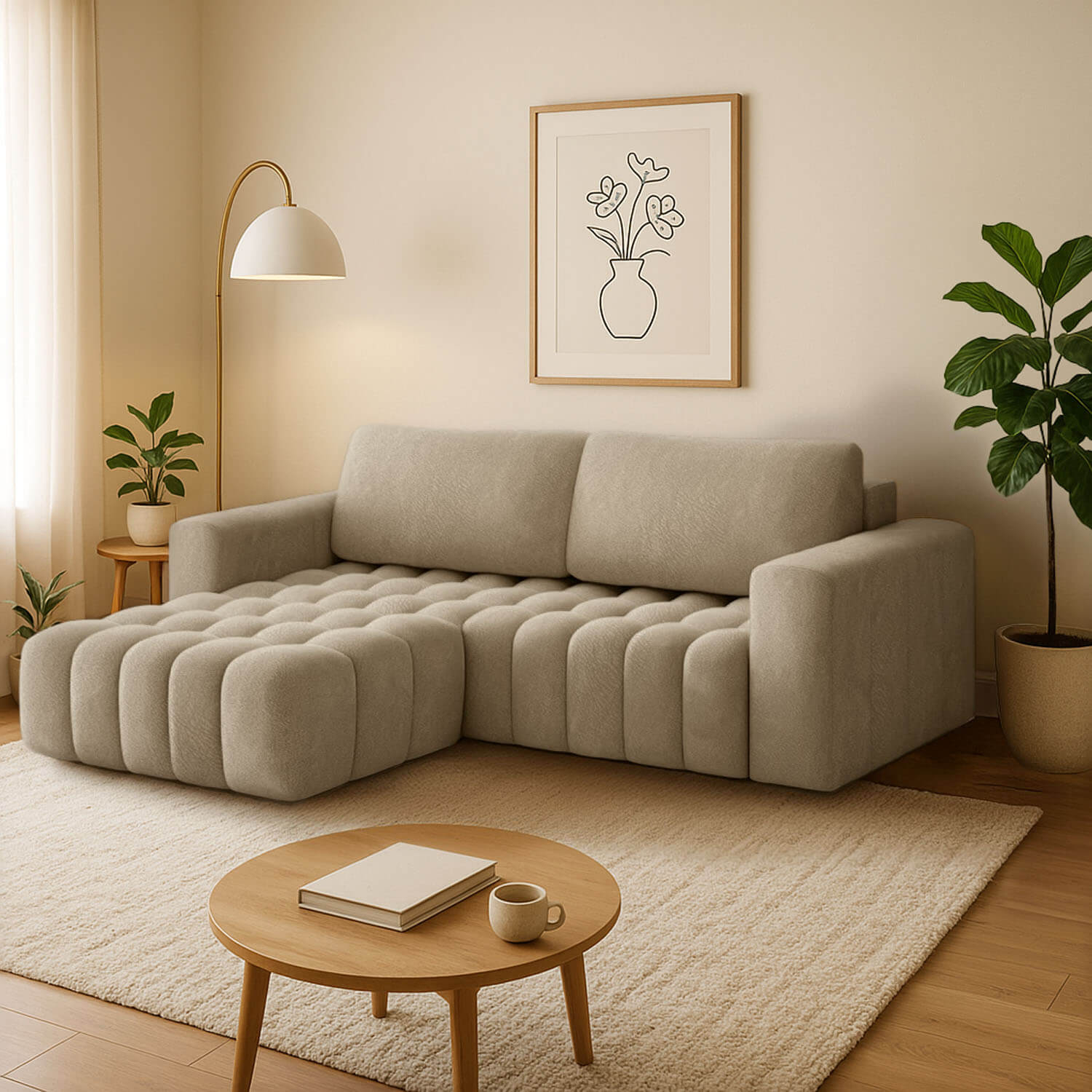 Narożnik z Funkcją Spania BONETT Rozkładany Lewostronny Jasnobeżowy eltap.Bon_01