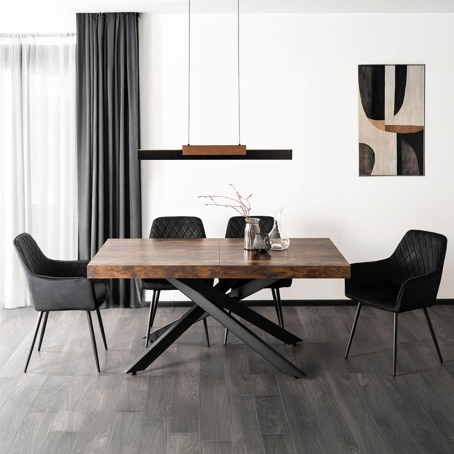 Zestaw Stół Prostokątny Rozkładany HAMPTON 160-240 cm Dąb Rustykalny/Czarny i 4 Krzesła Tapicerowane BRESSO Czarne Welurowe HAMPTON/RU/CZ/S160-240/BRE