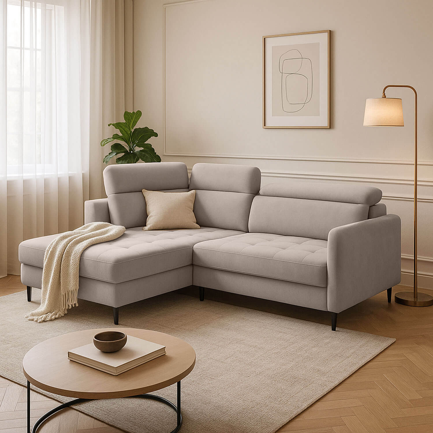 Narożnik z Funkcją Spania BAREA Rozkładany Lewostronny Chłodny Beż eltap.CO-BAR-LT-18SO