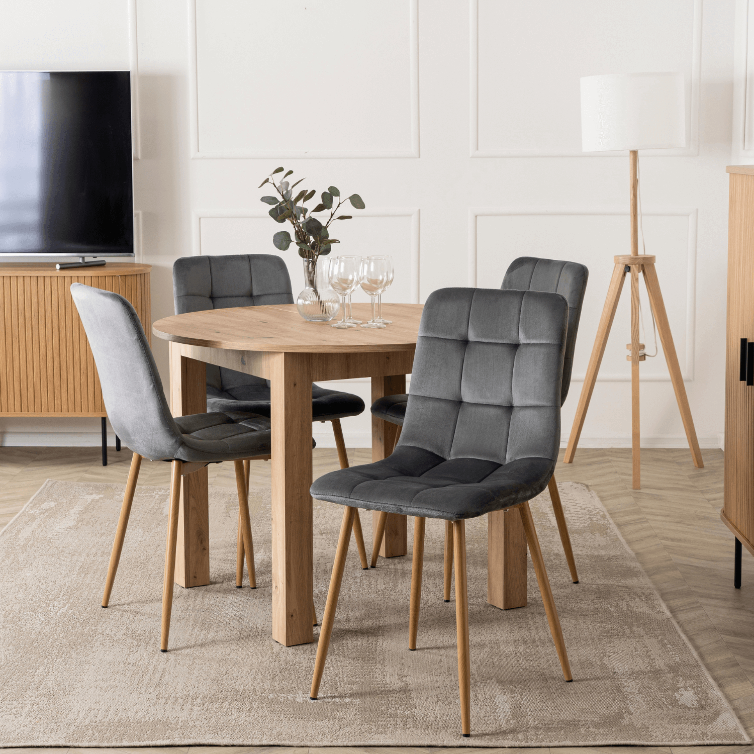 Zestaw Stół Okrągły Rozkładany HARRY 102-142 cm Dąb Artisan i 4 Krzesła FREDY Szare W.HARRY/DA/S/FREDY/P/D/V/Z4/K