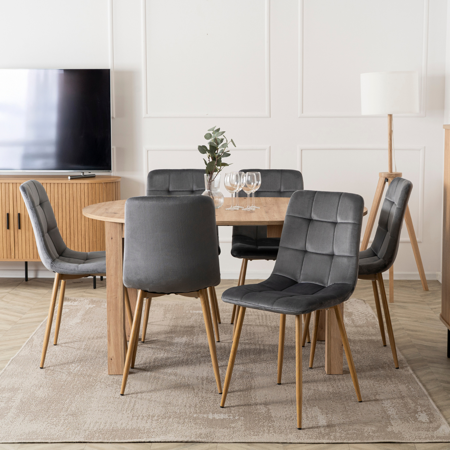 Zestaw Stół Okrągły Rozkładany HARRY 102-142 cm Dąb Artisan i 6 Krzeseł FREDY Szarych W.HARRY/DA/S/FREDY/P/D/V/Z6/K