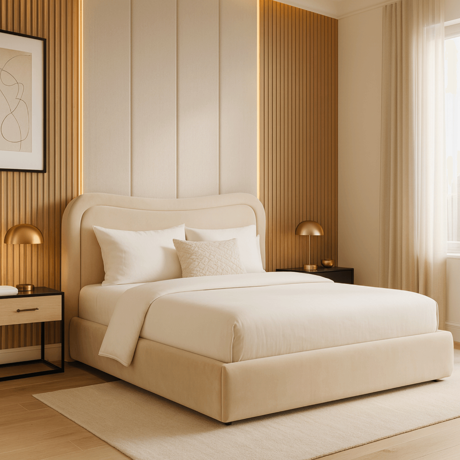 Łóżko Tapicerowane 160x200 cm HAGA ze Stelażem i Pojemnikiem Dwuosobowe Welurowe Kremowe ME.HAGA/160/KR/V/LOZZPOJ