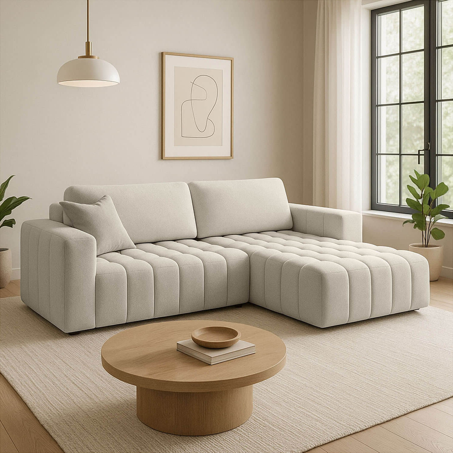 Narożnik z Funkcją Spania BONETT Rozkładany Prawostronny Jasnobeżowy Boucle eltap.Bon_220